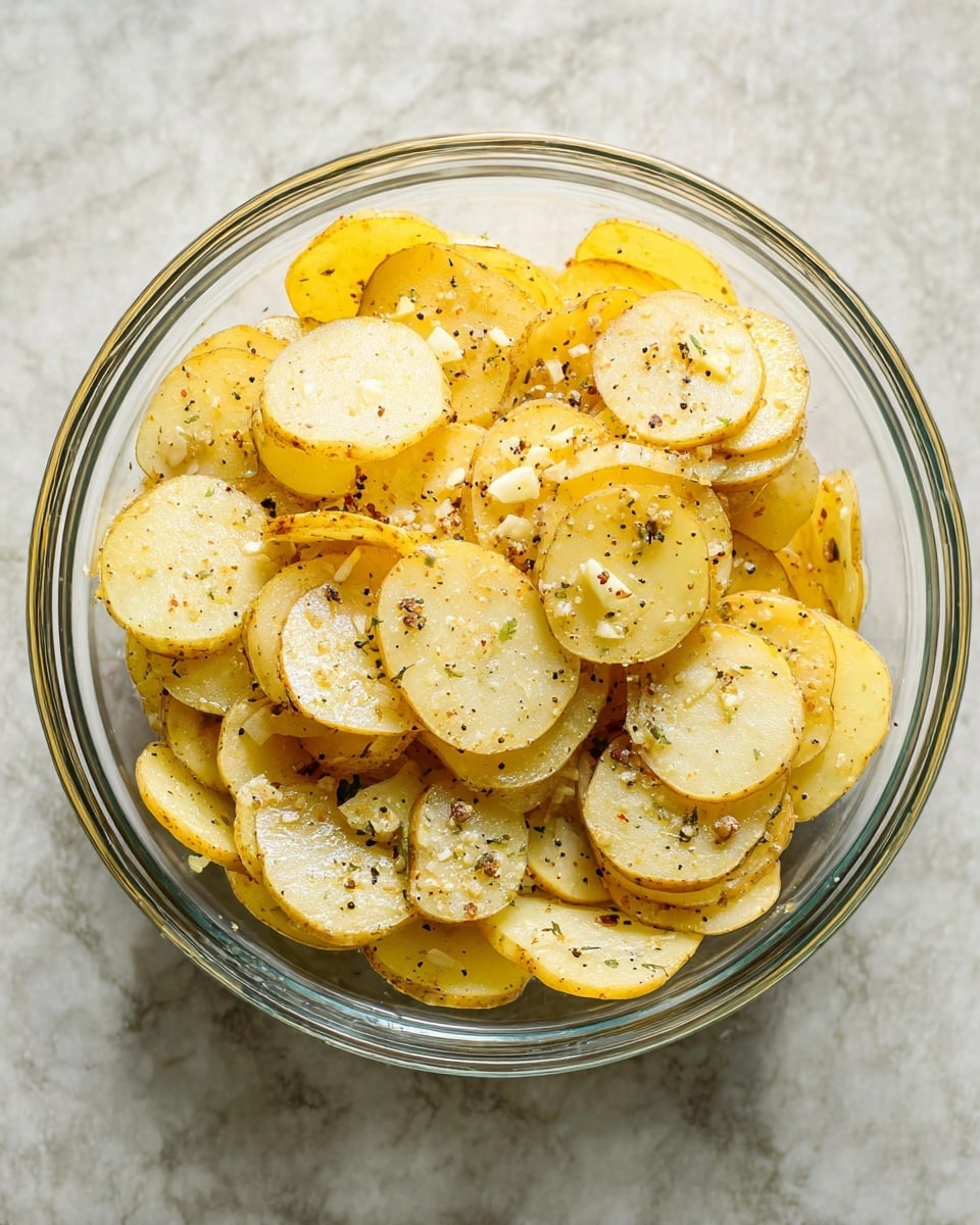 A clear glass bowl filled with many slices of raw yellow potatoes, each slice thin and round with light skin on the edges. The potatoes are mixed with small pieces of minced garlic and sprinkled with black pepper and some coarse salt. The bowl sits on a white marbled surface with a soft texture. photo taken with an iphone --ar 4:5 --v 7