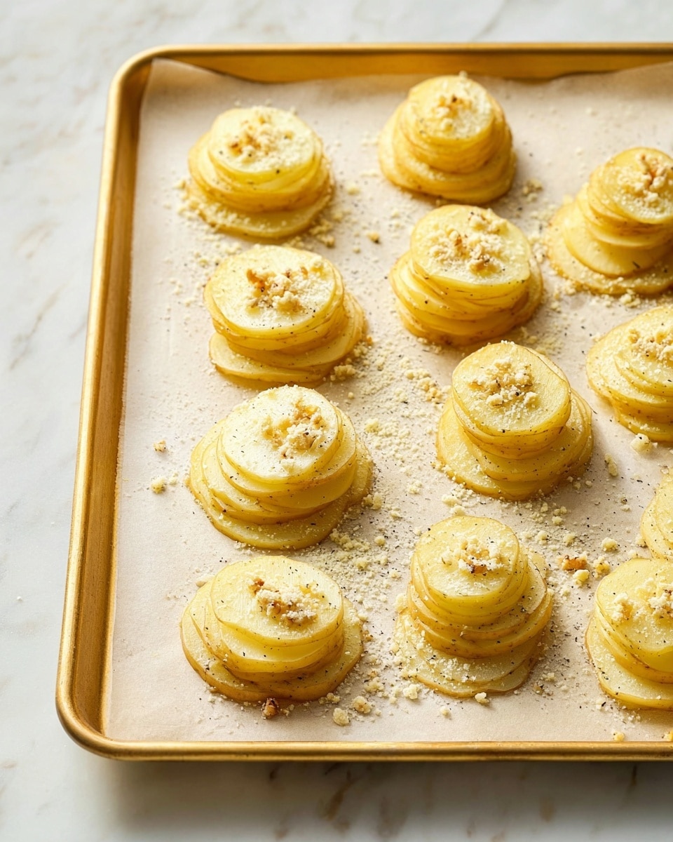 The image shows a baking tray lined with parchment paper on a white marbled surface. On the tray are fourteen small stacks of thin, round potato slices arranged in neat layers, each stack about 8 to 10 layers high. The potato layers are pale yellow with a slightly shiny texture. Each stack is sprinkled with small bits of chopped garlic, black pepper, and a light dusting of grated white cheese, which is spread under and around the potato stacks. The baking tray is gold-colored, and the overall look is clean and bright, showing a ready-to-bake dish. Photo taken with an iphone --ar 4:5 --v 7