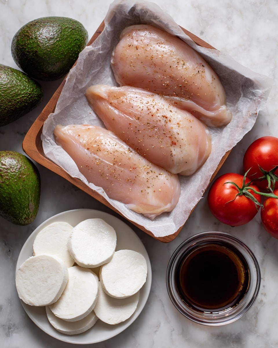The image shows three raw, pale pink chicken breasts with light seasoning, placed side by side on white parchment paper in a wooden tray, positioned at the top center. Below the tray on a white marbled surface, two dark green avocados with rough texture sit on the left, and two bright red tomatoes with green stems on the right. At the bottom left, a small white plate holds several round, smooth slices of fresh mozzarella cheese, creamy white in color. On the bottom right, a clear glass measuring cup filled with dark brown balsamic vinaigrette or marinade sits on the marbled surface. Photo taken with an iphone --ar 4:5 --v 7