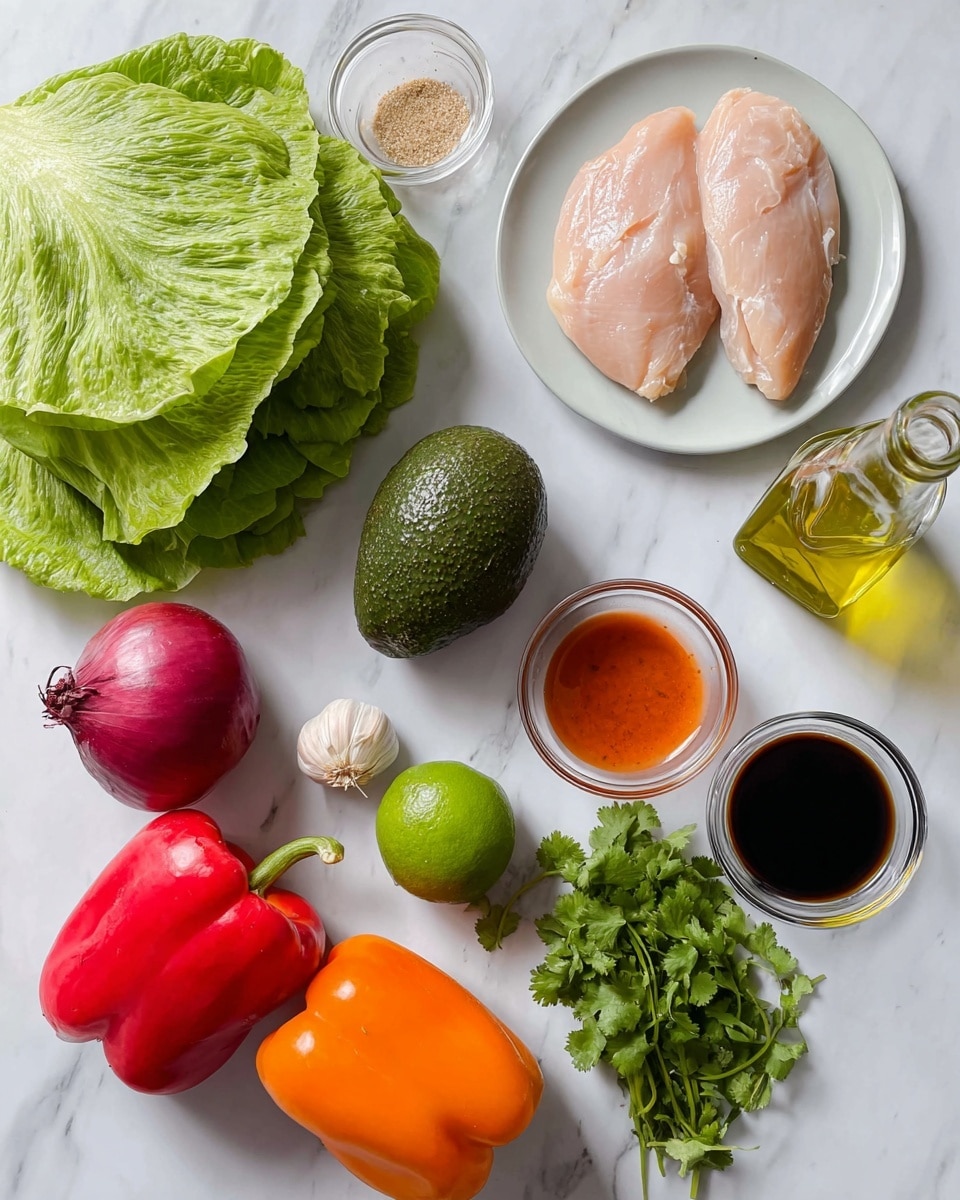 This image shows raw ingredients for a fresh meal laid out on a white marbled surface. There is a large green leafy lettuce on the upper left, two pale pink uncooked chicken fillets on a white plate on the upper right, a dark green avocado in the middle, and a bright green lime just below it. Below the lime, there is a bunch of green cilantro with delicate leaves. On the bottom left are two bell peppers, one red and one orange, both shiny and smooth. A whole red onion with its rough skin is near the middle-left area. There is a small garlic clove near the avocado. At the top center, a clear glass bowl holds a light brown spice or powder. Next to it on the left, a glass bottle filled with yellow oil stands tall. Two small glass bowls below it contain a dark soy-like sauce and an orange-red sauce, the latter held in a clear measuring cup. photo taken with an iphone --ar 4:5 --v 7