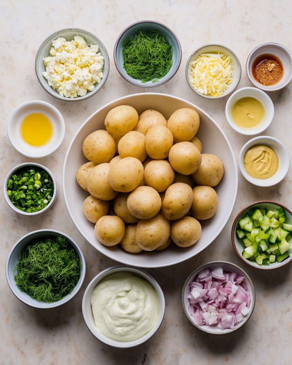 A large white bowl in the center holds many small light brown potatoes with smooth skin. Surrounding it are small white bowls and cups containing ingredients: crumbled white cheese, bright green chopped herbs, creamy mayonnaise, finely chopped garlic, smooth yellow mustard, a small amount of reddish-brown liquid, chopped green onions, light yellow oil, diced green pickles, diced light green celery, finely chopped pink shallots, fresh green dill, a bowl of creamy white sour cream, and diced dark green cucumber pieces. All bowls are placed on a white marbled surface. photo taken with an iphone --ar 4:5 --v 7