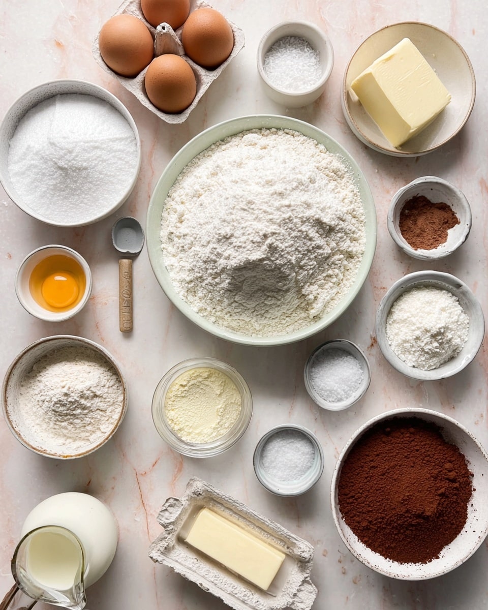 The image shows an overhead view of various baking ingredients arranged neatly on a white marbled surface. In the center, there is a medium bowl filled with white flour with a small gray scoop resting on top. Below it is a large white bowl full of powdered sugar. To the left of the flour bowl, there is a smaller bowl of granulated sugar and an egg carton holding three brown eggs. Around these, there are small bowls with baking powder, salt, cocoa powder, and vanilla extract. There is also a stick of butter partially unwrapped and a small glass jug with cream and a wooden handle. The colors range from white powders, brown eggs, golden melted butter, and darker cocoa powder all displayed clearly. The items are arranged carefully, giving a clean and organized look. photo taken with an iphone --ar 4:5 --v 7
