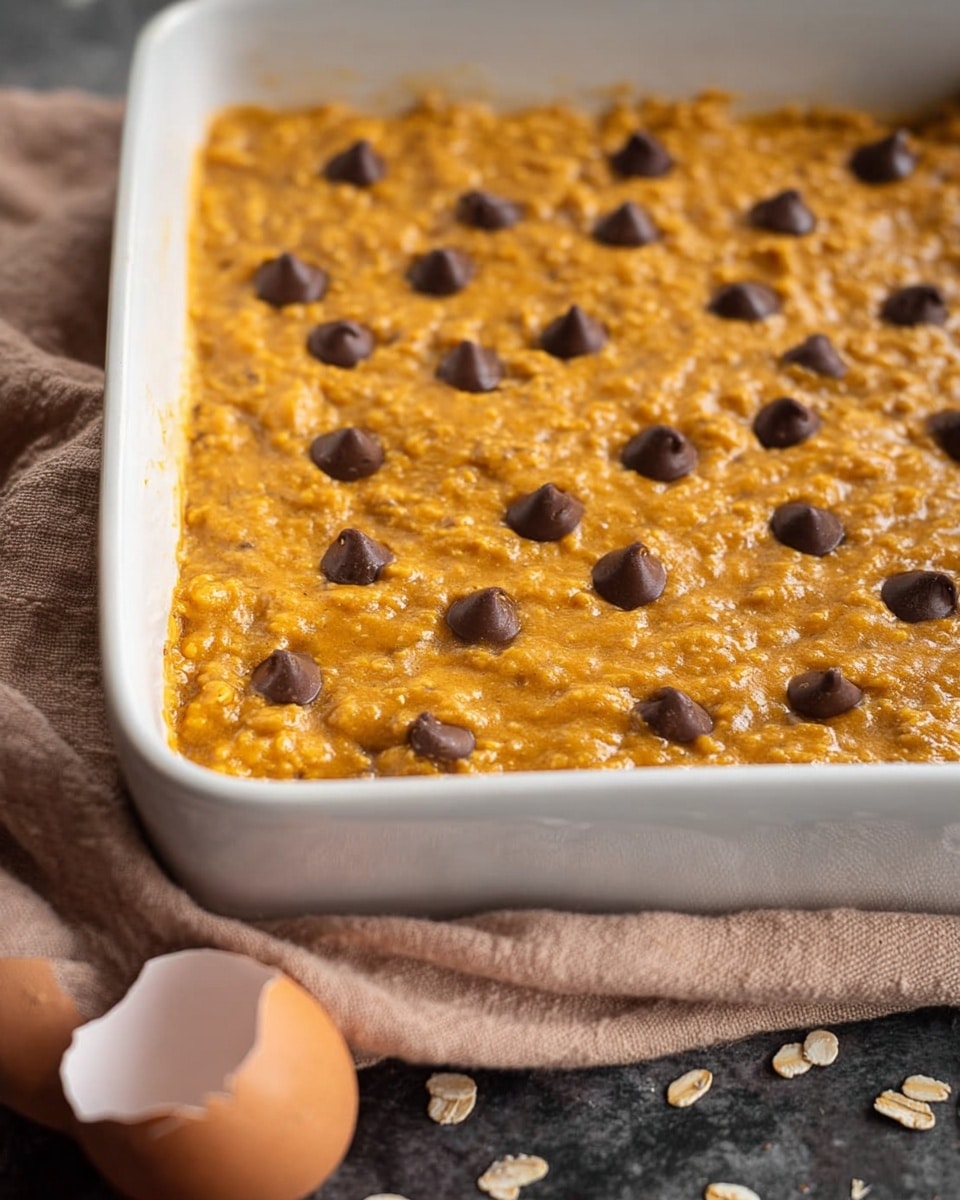 A white rectangular baking dish filled with a thick, orange batter mixed with visible oats. Dark chocolate chips are scattered evenly on top of the batter, creating small, round dark spots. The dish sits on a soft beige cloth, with a cracked eggshell placed nearby on a dark textured surface. The batter's texture looks slightly lumpy with tiny bubbles on the surface. photo taken with an iphone --ar 4:5 --v 7