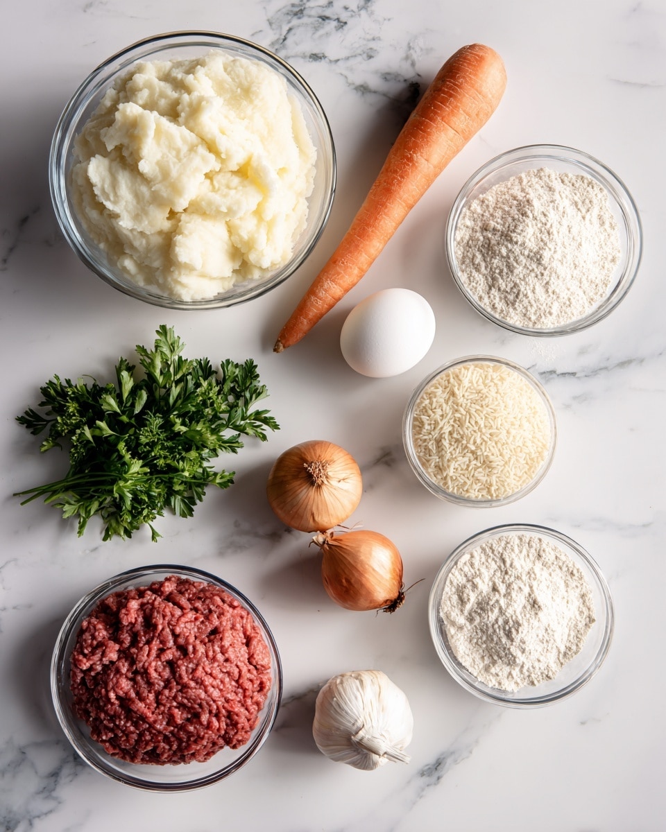 The image shows various cooking ingredients arranged on a white marbled surface. Starting from the top left, there is a glass bowl filled with mashed cauliflower that has a soft, fluffy white texture. Next to it lies a long orange carrot, smooth and fresh-looking, with a whole white egg placed near the carrot's top end. Below the egg, there are two small brown onions with dry outer skins. Just under the onions, a small bunch of fresh green parsley brings a pop of color. To the right, a small white bowl contains light beige breadcrumbs, finely textured. Below the parsley, there is a sealed green package of raw ground pork that has a rich pinkish-red color visible through the packaging. At the bottom left corner, a glass bowl is filled with fine white flour. Near the bottom center, a single peeled garlic clove with a smooth off-white surface rests on the marble. Everything is neatly spread out, showing a clean and organized theme. photo taken with an iphone --ar 4:5 --v 7