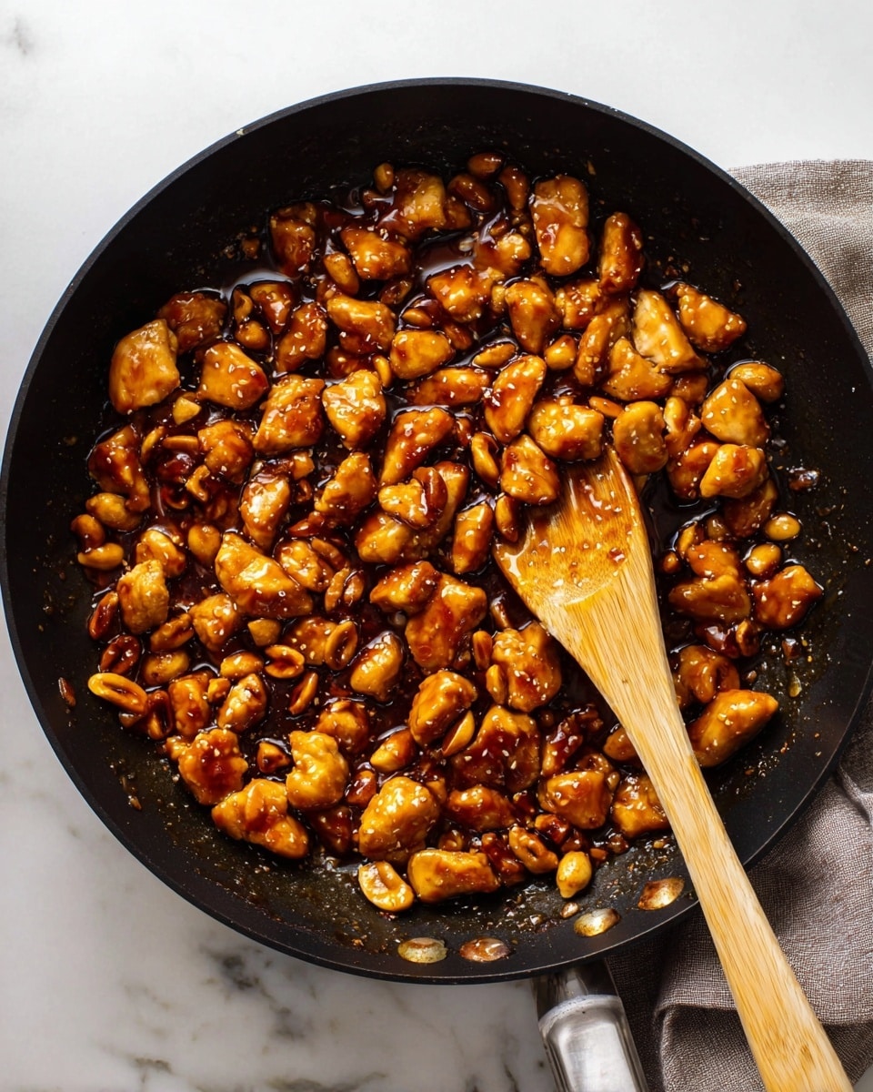The image shows a black pan filled with small pieces of cooked chicken and nuts covered in a shiny, brown sauce. The chicken pieces are golden brown with a slightly caramelized texture, and the sauce looks thick and sticky, giving the dish a glossy finish. A wooden spoon is placed inside the pan, partially resting on the food with a smooth, light wood texture. The pan is sitting on a white marbled surface with a soft gray cloth peeking from beneath the handle. photo taken with an iphone --ar 4:5 --v 7