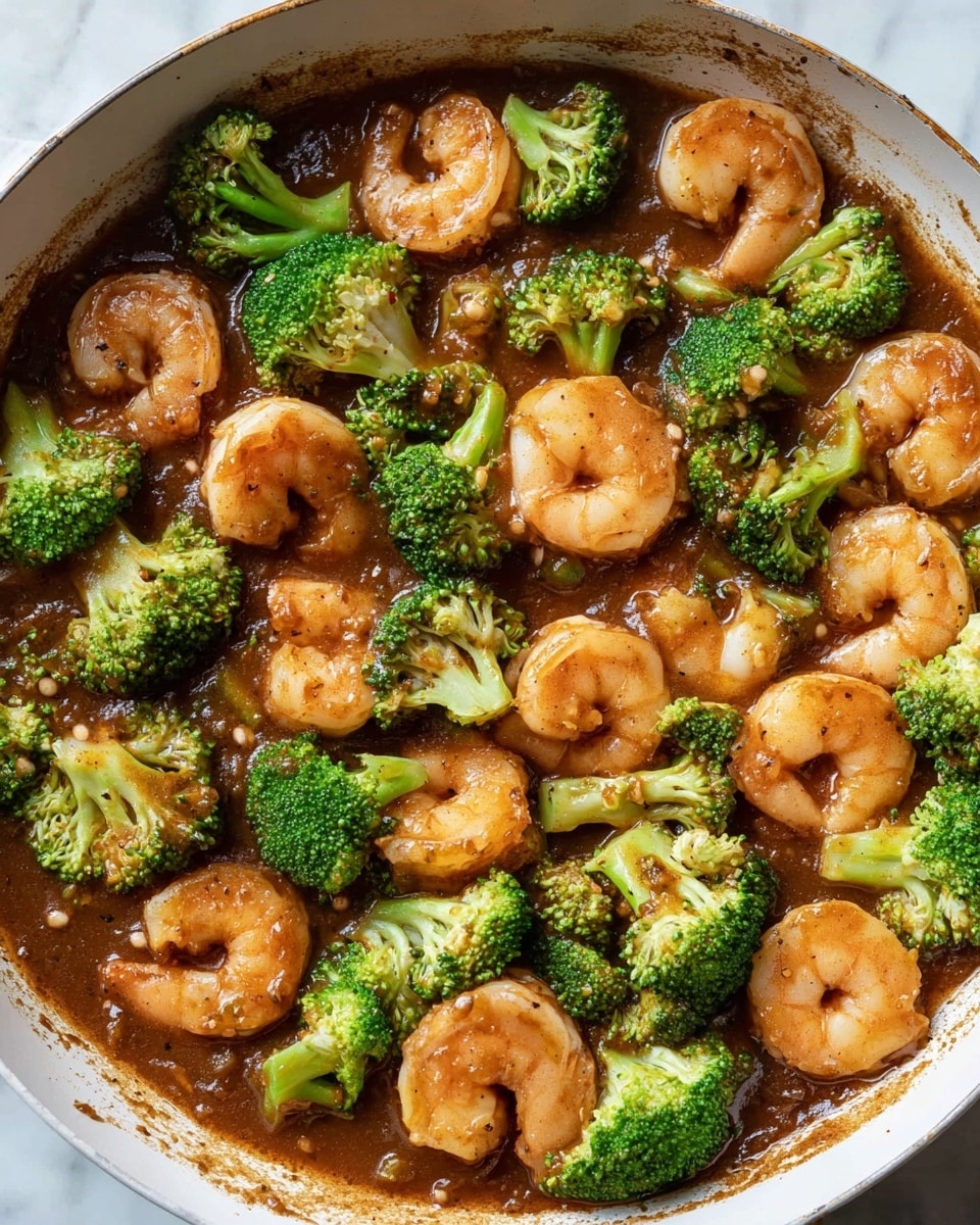 A white pan filled with cooked shrimp and broccoli in a thick brown sauce. The dish has two main layers: the bottom layer is a rich, dark brown sauce that coats the pan, and sitting on top are plump, orange-pink shrimp and bright green broccoli florets evenly mixed throughout. The shrimp have a smooth texture and are curled, while the broccoli pieces show a rough texture with small buds. The edges of the pan have some splashes of sauce on the inner walls. The background shows a white marbled texture. photo taken with an iphone --ar 4:5 --v 7