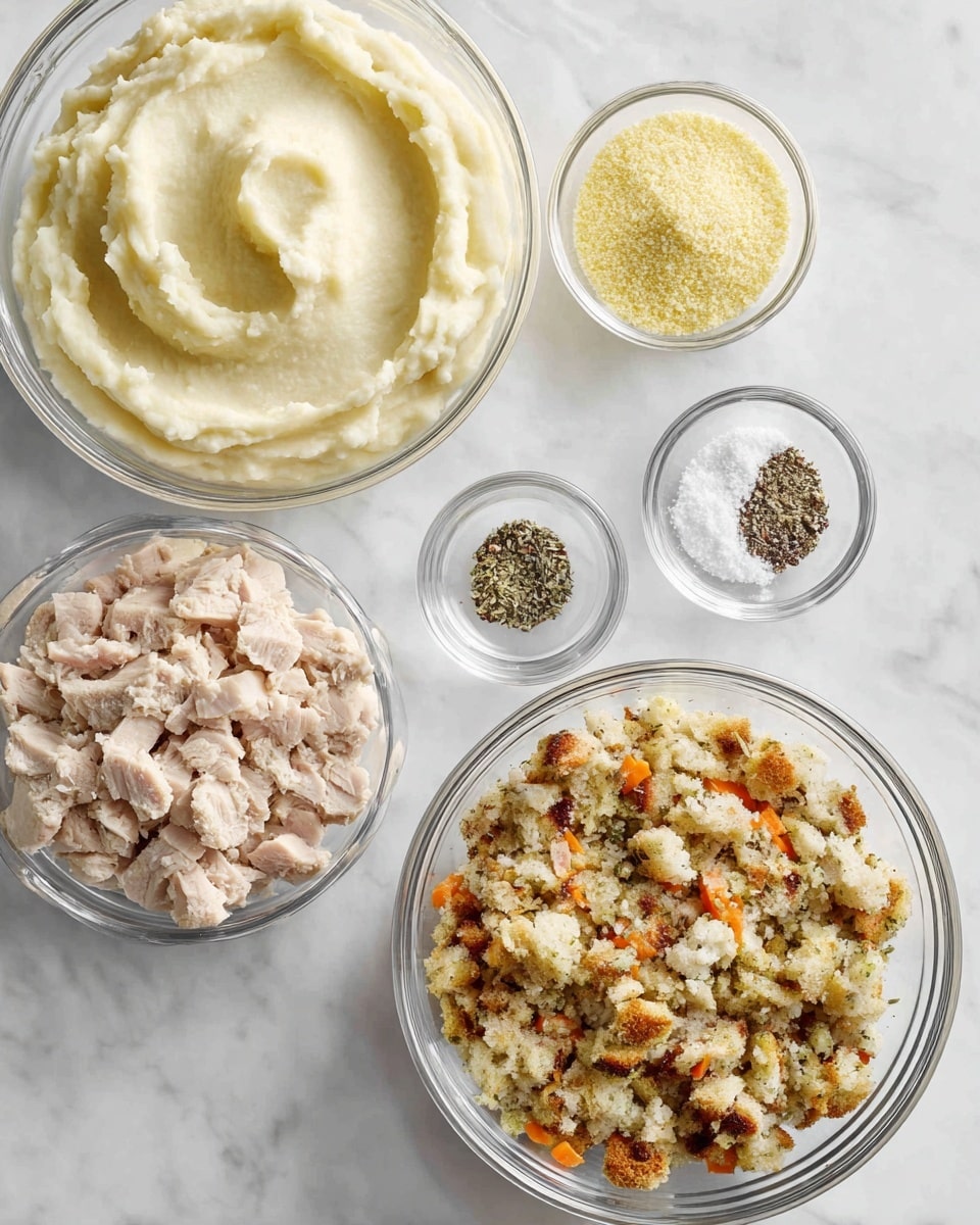 Five clear glass bowls are placed on a white marbled surface. The top left bowl contains a thick, creamy light beige mashed potatoes with a smooth texture and some soft peaks on top. Below it, the bottom left bowl is filled with small, chopped pieces of cooked turkey, light pinkish-brown in color. At the top center, a small bowl holds fine, light yellow breadcrumbs. Slightly below and to the right of the breadcrumbs, a tiny bowl shows a mix of black and white salt and pepper. The largest bowl on the right side contains stuffing, a crumbly mixture with small bits of orange carrot, light brown bread, and herbs. photo taken with an iphone --ar 4:5 --v 7