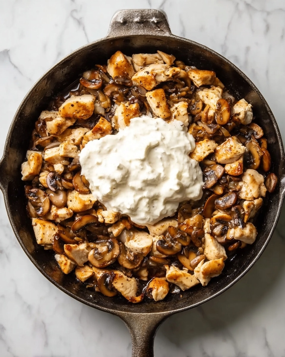 A dark cast iron pan sits on a white marbled surface, filled with small chunks of cooked chicken that are golden brown and mixed evenly with sliced, cooked brown mushrooms. In the center of the pan is a generous dollop of thick, creamy white sauce that contrasts with the rich colors of the chicken and mushrooms below. The pan has a handle extending out, and the whole scene is bright and clear. photo taken with an iphone --ar 4:5 --v 7