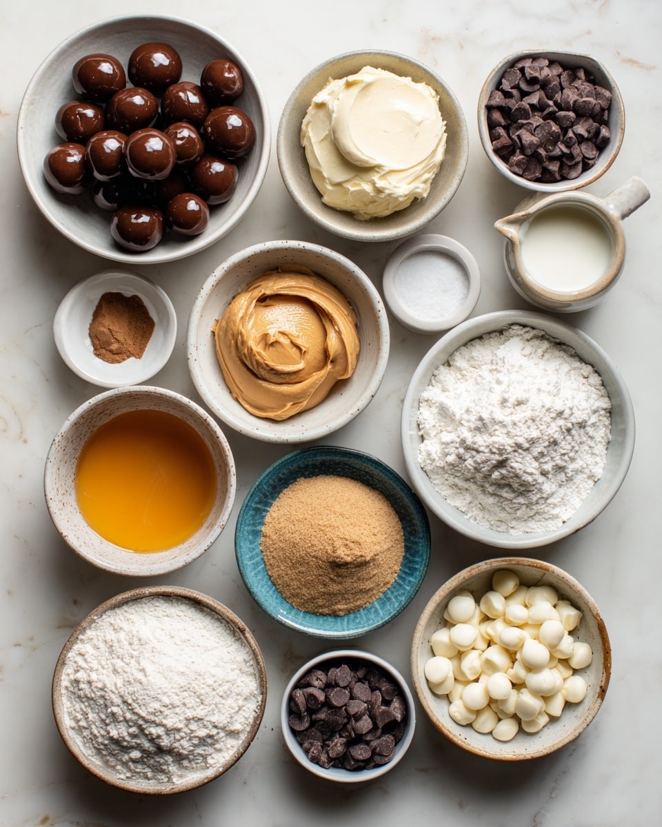 The image shows thirteen small white bowls arranged on a white marbled surface, each holding different baking ingredients. Starting from the top left, there is a bowl filled with shiny, round, light brown balls. Below it, a bowl with creamy white butter-like spread. Next to it, a bowl with light tan smooth peanut butter. Below, a bowl with a beaten orange egg mixture. Moving right, a bowl with white flour, and next to it, a blue-toned bowl with light brown powder. Above the flour, a small bowl with vanilla extract, and next to it, a tiny amount of white salt. Above that, a small bowl with pure white baking soda. To the right, a cup of milk, a bowl with white sugar, next to it a bowl with white and dark chocolate chips, and finally, a bowl with chocolate frosting. The colors range from white and brown to tan and orange, all presented clearly. Photo taken with an iphone --ar 4:5 --v 7