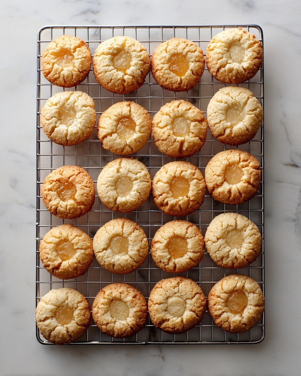 Twenty-four thumbprint cookies are arranged on a silver wire cooling rack. Each cookie is round with a light golden-brown color and has a small dent in the center. The cookies have a cracked texture on top, showing a crumbly surface. The rack sits on a white marbled surface that contrasts with the warm tones of the cookies. The overall layout is neat and evenly spaced, with soft natural light highlighting the details of the cookies. photo taken with an iphone --ar 4:5 --v 7