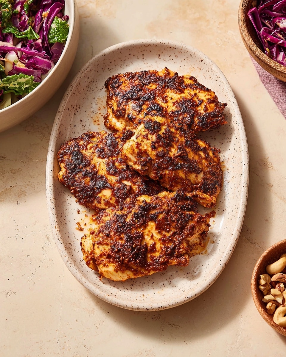 A white speckled oval plate holds four pieces of cooked chicken arranged slightly overlapping, each piece showing a rough texture with a dark reddish-brown spicy crust covering most of the surface. The chicken has a charred look with blackened spots and visible seasoning. The plate is placed on a light beige surface with slight stains. Part of a white bowl with purple cabbage and green herbs is visible at the upper right edge, and a small brown bowl with mixed nuts is at the bottom right corner. Photo taken with an iphone --ar 4:5 --v 7