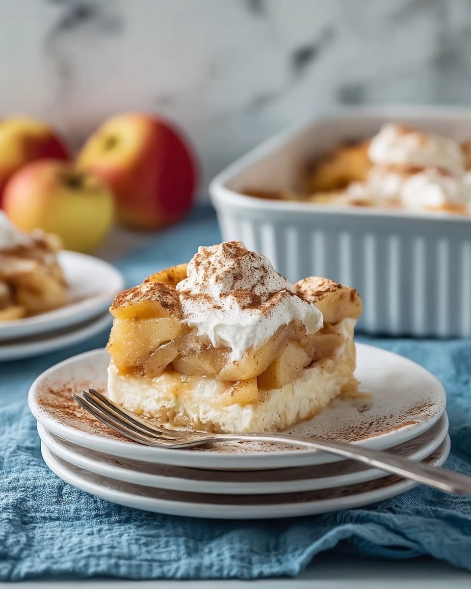 A clear square glass dish filled with a single thick layer of creamy oatmeal, topped with diced light yellow apples that cover most of the surface, sprinkled evenly with brown cinnamon powder. A wooden spoon with a small hole at the top rests inside the dish on the right side, partially submerged in the oatmeal. The dish is placed on a white marbled surface. Photo taken with an iphone --ar 4:5 --v 7