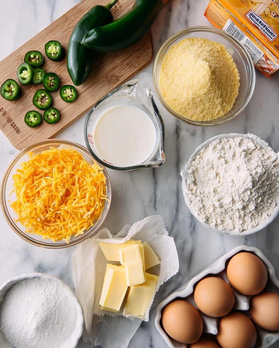 A white marbled surface holds several clear bowls and white containers filled with ingredients: one bowl with shredded bright orange cheddar cheese near the center right, one bowl with white flour near the bottom left, another with light yellow cornmeal near the center bottom, and a bowl with white granulated sugar near the bottom left. Near the bottom center is a stick of yellow butter cut into chunks on unwrapped paper, and a white container holding six brown eggs is placed at the bottom right. At the top left, a wooden cutting board lays on the surface, holding a clear measuring cup filled with white liquid, a whole dark green jalapeño pepper, and several round slices of jalapeño scattered nearby. At the top right, an orange box of baking soda is partially visible. Photo taken with an iphone --ar 4:5 --v 7