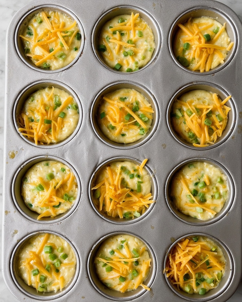 A silver muffin tray filled with 12 cups of thick yellow batter dotted with small green bits. Each cup is topped with thin strips of shredded orange cheese and small chopped green pieces. The surface of the batter looks creamy and slightly textured. The tray is set on a white marbled surface. photo taken with an iphone --ar 4:5 --v 7