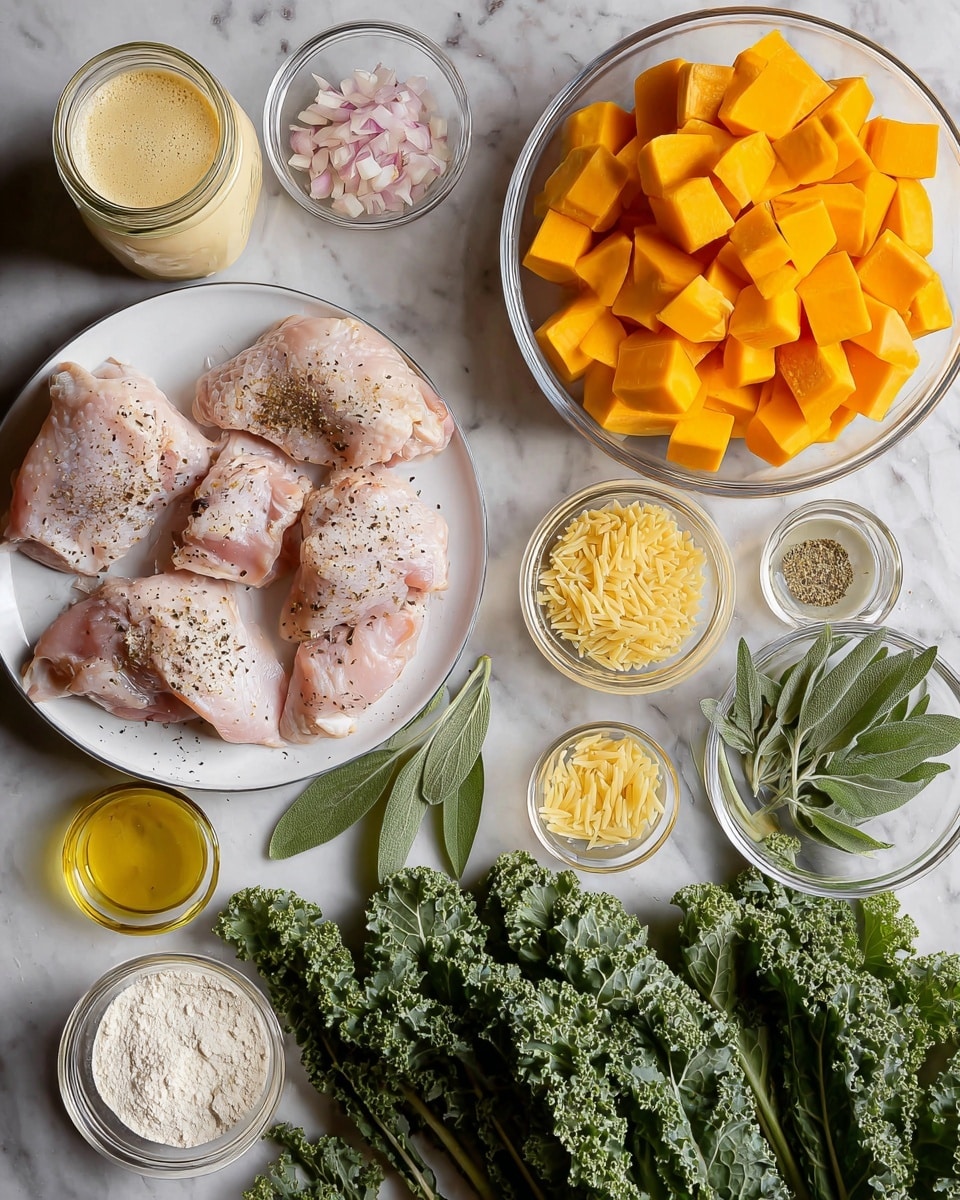 The image shows a white plate on the bottom left with five raw chicken pieces sprinkled with black pepper, next to a large glass bowl on the right filled with bright orange cubed butternut squash. Above these are several clear small bowls holding different ingredients: finely chopped shallots with a pale pink tone, minced garlic with a yellowish color, grated parmesan cheese in a pale cream color, and dried orzo pasta with a light yellow color, topped with a small bunch of fresh sage leaves resting on the bowl. Near the top left are a glass jar of creamy light beige liquid, a small bowl of smooth yellow mustard, a small bowl of golden olive oil, a small bowl with fresh green thyme leaves, and a small bowl of white flour. At the bottom right corner, large green kale leaves spread across a white marbled surface. photo taken with an iphone --ar 4:5 --v 7