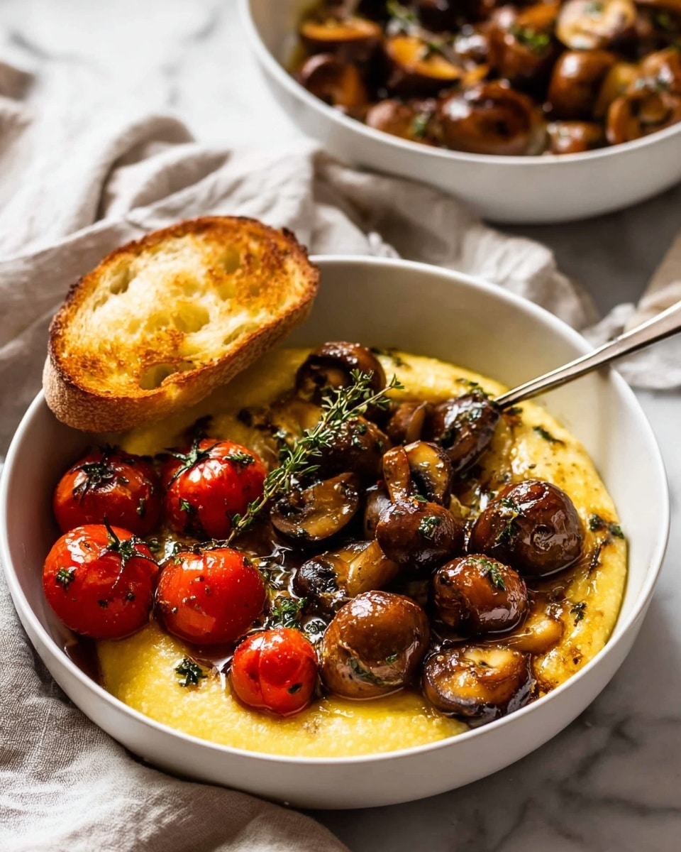 A white bowl holds a smooth, yellow base of creamy polenta spread evenly at the bottom, topped with whole brown sautéed mushrooms that are shiny with herbs scattered on them, mainly green thyme leaves. On one side, bright red cherry tomatoes on the vine rest, adding a pop of color. A piece of golden-brown toasted bread leans against the edge of the bowl. A silver spoon is placed inside the bowl, partially resting on the polenta. In the blurry background, another white bowl filled with more mushrooms can be seen, all set on a white marbled surface with a soft, light-colored cloth nearby. photo taken with an iphone --ar 4:5 --v 7