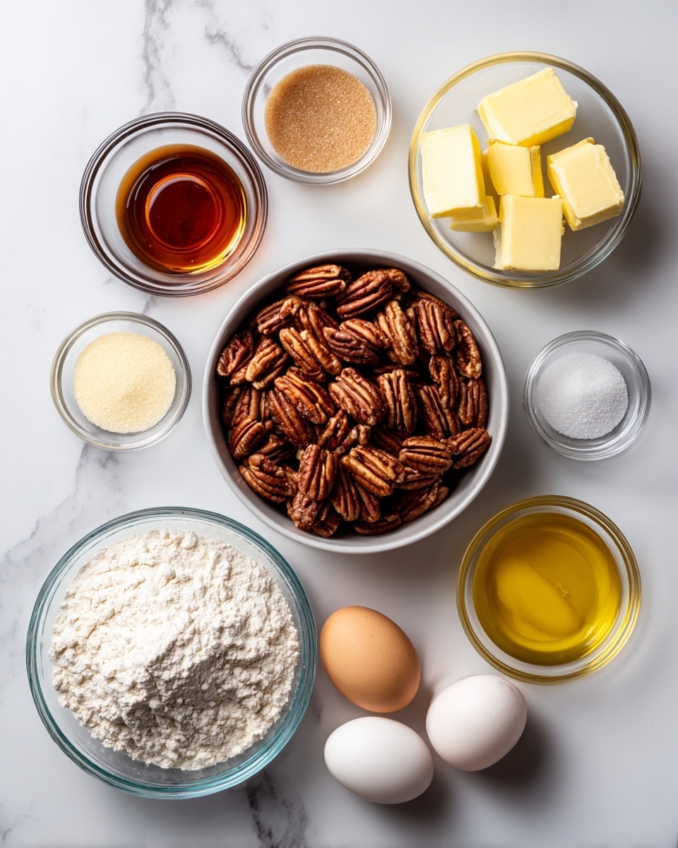 The image shows ingredients for baking arranged neatly on a white marbled surface. In the center, there is a silver bowl filled with whole pecans that are brown and textured. Surrounding it, from top left moving clockwise, are a small clear glass bowl with dark amber maple syrup, a small clear glass bowl with yellow butter cubes, a small clear glass bowl filled with light brown sugar, and a small clear glass bowl with white salt. Below these, there is a small clear glass bowl with golden vanilla extract and two whole eggs, one light brown and one white, placed side by side. On the left side, there is a small clear glass bowl filled with white flour. Each ingredient is labeled with a dark blue tag and white text. The background is a smooth white marble texture. photo taken with an iphone --ar 4:5 --v 7