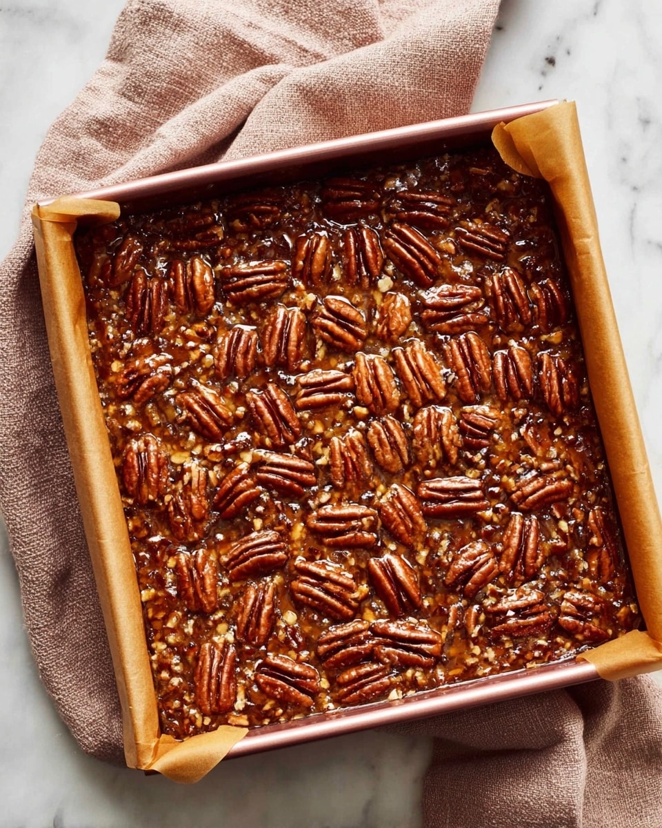 A square baking pan lined with parchment paper holds a rich, glossy pecan dessert with a deep caramel brown color. The top layer is covered with whole pecan halves neatly arranged in rows, their smooth, textured shells giving a slightly shiny, toasted look. Below these nuts, the surface has a sticky, slightly uneven texture filled with chopped pecans embedded in a syrupy, golden-brown layer. The pan rests on a soft, textured light brown cloth, all set on a white marbled surface. photo taken with an iphone --ar 4:5 --v 7