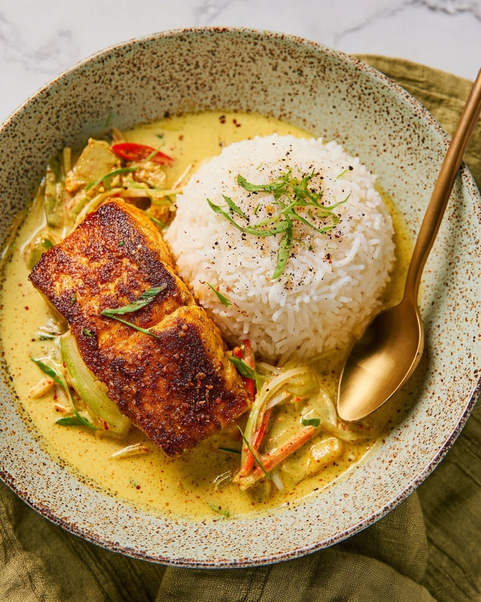 A single piece of golden brown cooked fish with a slightly crispy texture sits on the left side of a speckled bowl. Below and around the fish is a layer of light yellow creamy sauce with visible thin strips of green and orange vegetables mixed in. On the right side, there is a neat mound of white rice topped with small green herbs and light black pepper. A gold spoon rests on the right edge of the bowl. The bowl is placed on a soft olive green cloth over a white marbled surface. photo taken with an iphone --ar 4:5 --v 7