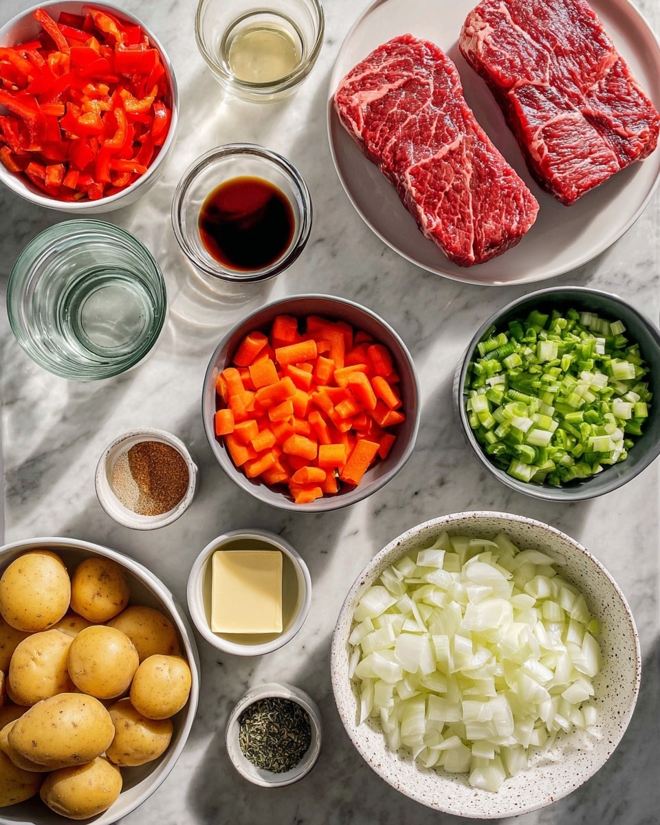 The image shows many ingredients for cooking, all placed on a white marbled surface. At the top right, there is a white plate with two large raw red pieces of marbled beef. Below it is a white bowl filled with bright red chopped bell peppers. Next to it on the right is a white bowl with small chopped light green celery pieces. Above that is a dark gray bowl filled with bright orange baby carrots. Near the center is a speckled off-white bowl full of large white diced onions. Around these are small bowls and containers holding light yellow butter, clear water, pale garlic paste, brown seasoning powder, dark soy sauce, dry mixed spices, and fresh green herbs. At the bottom left is a bowl of small round yellow potatoes. The lighting is bright, showing clear textures and colors of each ingredient. Photo taken with an iphone --ar 4:5 --v 7