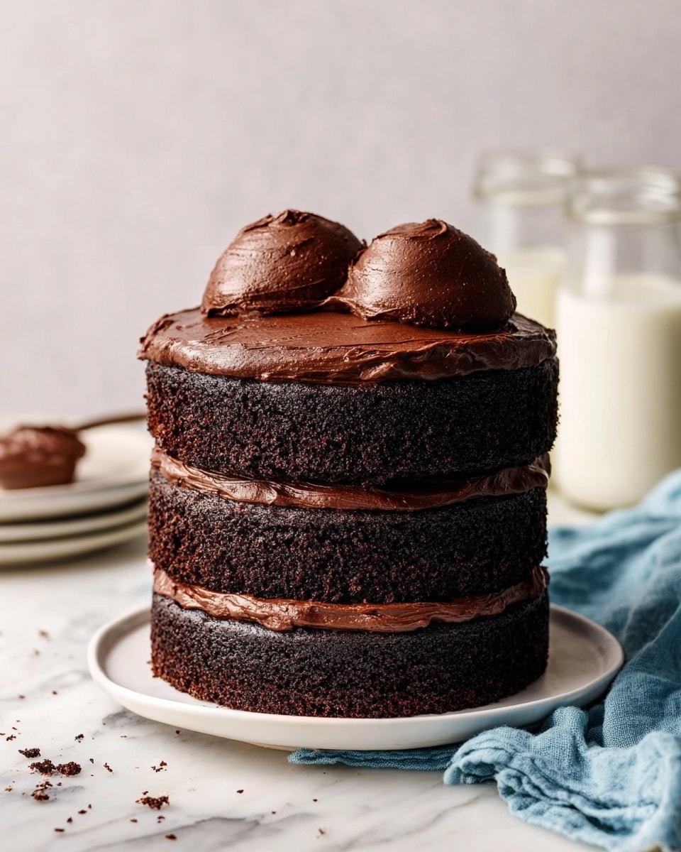 A tall chocolate cake with three dark brown layers stacked on a white plate, each layer separated by thick, smooth, dark chocolate frosting that slightly spills over the edges. On top, two large dollops of rich chocolate frosting sit side by side, looking creamy and textured. The scene is set on a white marbled surface with a blue cloth nearby and blurred jars of milk in the background. Photo taken with an iphone --ar 4:5 --v 7