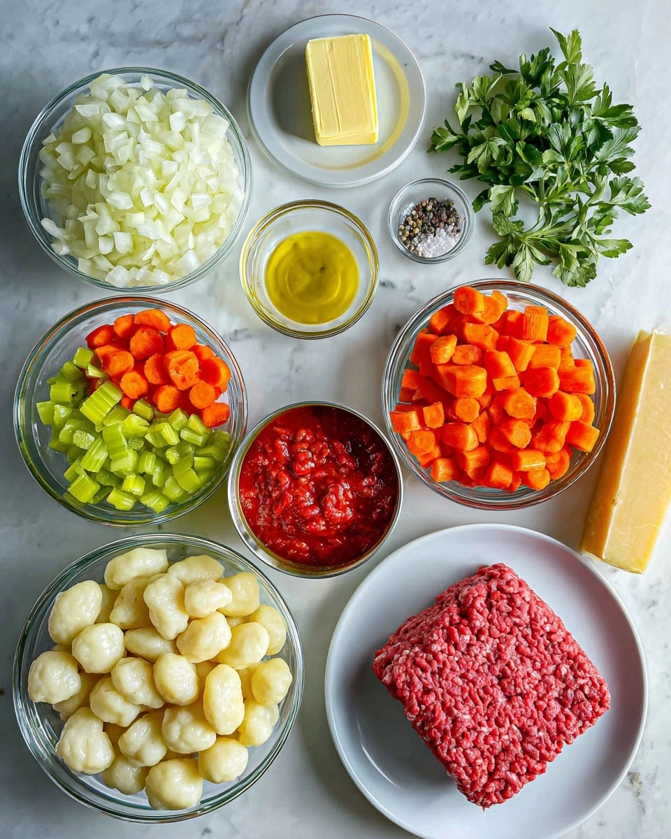 The image shows an arrangement of cooking ingredients on a white marbled surface, all labeled with their names. There is a square block of red ground beef placed on a white plate at the bottom right. Next to it is a round glass bowl filled with diced white onion. Above the beef is a cluster of green herbs with textured leaves, beside a white round dish holding a small block of yellow butter. Near the center top is a small clear bowl with salt and black pepper in two halves. To its left is a bowl with evenly chopped bright orange carrots and green celery, side by side. Above that is a glass jug filled with deep red wine. A small glass bowl of golden olive oil is placed below the herbs and beside a tin can filled with bright red crushed tomatoes. At the bottom left are a white garlic bulb and a package of white gnocchi with a blue and red label. Near the garlic is a small glass bowl with red tomato paste. A wedge of yellow Parmesan cheese with a textured surface is at the bottom right, partially out of frame. The overall colors are fresh and bright, with a clear focus on the ingredients. Photo taken with an iphone --ar 4:5 --v 7