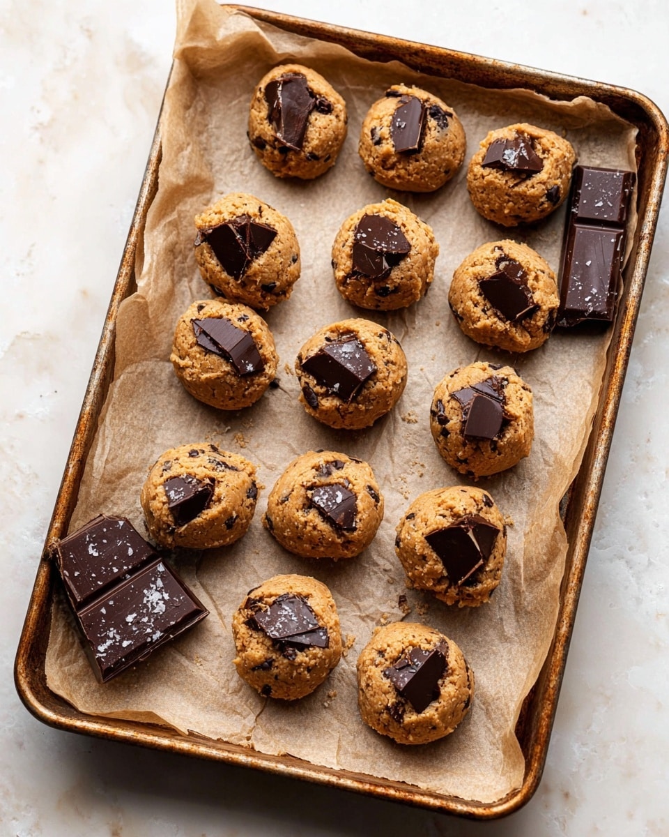 The image shows a baking tray lined with parchment paper holding 15 round cookie dough balls, each topped with several large chunks of dark chocolate. The cookie dough is light brown and textured with some small chocolate bits visible inside. The chocolate chunks on top are unevenly placed, giving the dough balls a rough, homemade look. In one corner of the tray, there are two pieces of dark chocolate with visible salt flakes on top. The tray sits on a white marbled surface. photo taken with an iphone --ar 4:5 --v 7