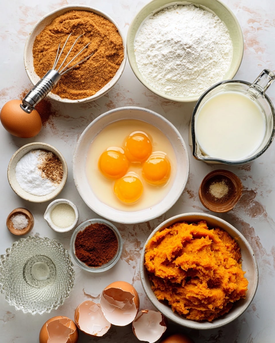 The image shows various baking ingredients arranged on a white marbled surface. In the center, there is a white bowl with four bright orange egg yolks and a small whisk inside. Around it, there is a bowl of light brown sugar with a spoon, a bowl with smooth orange mashed pumpkin, a white bowl filled with white powdered sugar, and a clear glass pitcher of milk. Small bowls contain spices, including brown cinnamon powder and a mix of white salt and brown spice. Also visible are some cracked eggshells and a small amount of clear oil in a textured glass container. The overall setup is neat and colorful, suggesting preparation for baking photo taken with an iphone --ar 4:5 --v 7