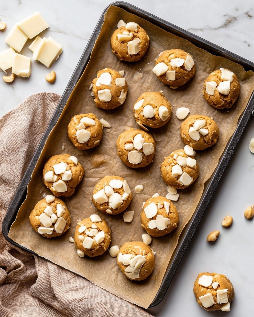 A dark baking tray lined with light brown parchment paper holds 19 round cookies arranged in rows. Each cookie is golden brown with cracks and topped with irregular pieces of smooth white chocolate chunks that add an uneven texture. Around the tray are scattered white chocolate pieces and some macadamia nuts. The whole scene is set on a white marbled surface, giving a clean and bright background. Photo taken with an iphone --ar 4:5 --v 7