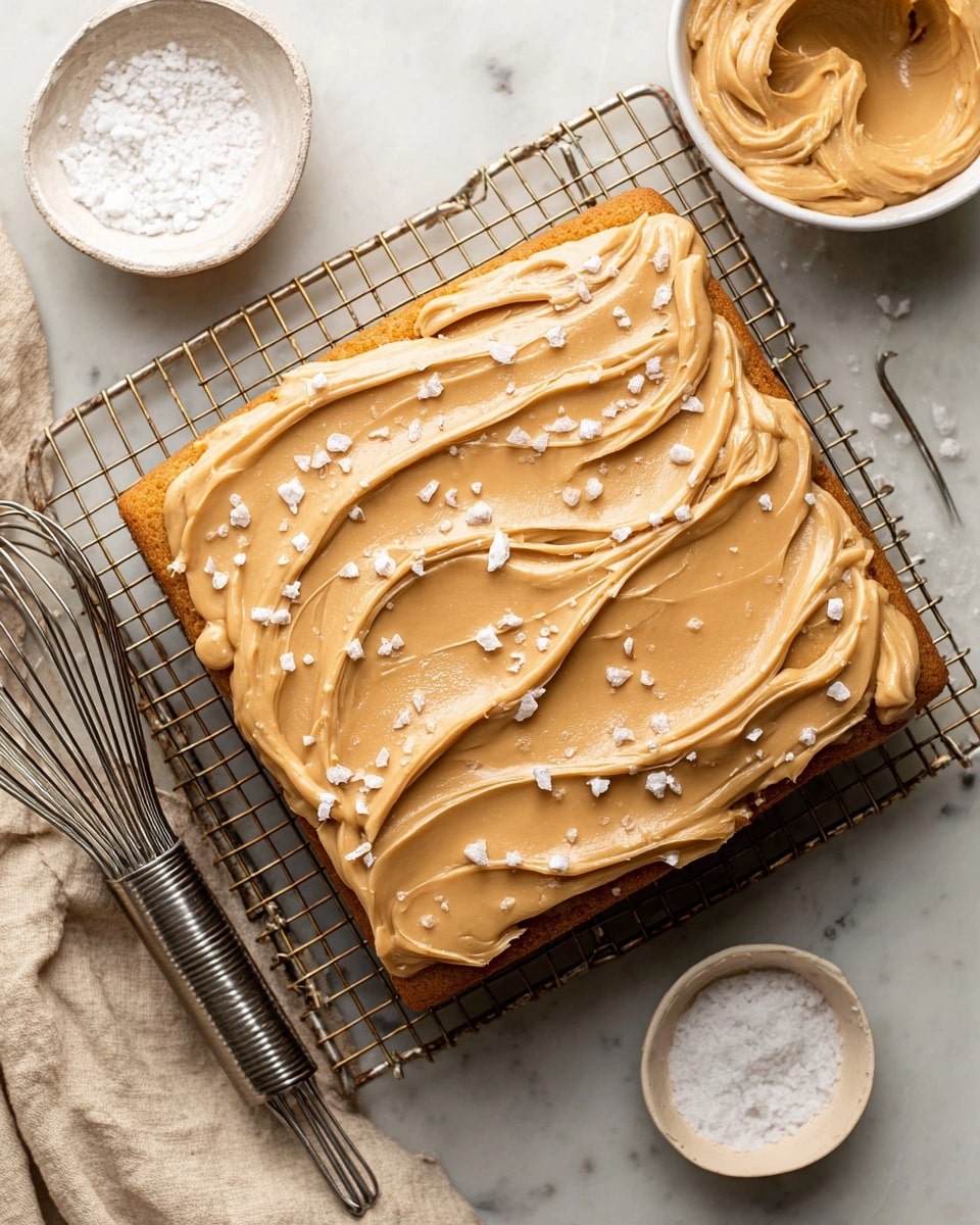 A square piece of light golden brown cake sits on a cooling rack over a white marbled surface. The cake is covered with a thick, smooth layer of light tan frosting, spread in wide, curved strokes that create a soft texture. On top of the frosting, there are scattered flakes of coarse white sea salt, adding a contrast in texture and color. Around the cake, there is a small round white bowl of salt, a white bowl with light brown creamy frosting, and a metal whisk resting inside it. Photo taken with an iphone --ar 4:5 --v 7