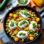 Breakfast Succotash with Poached Eggs and Herb Oil Recipe