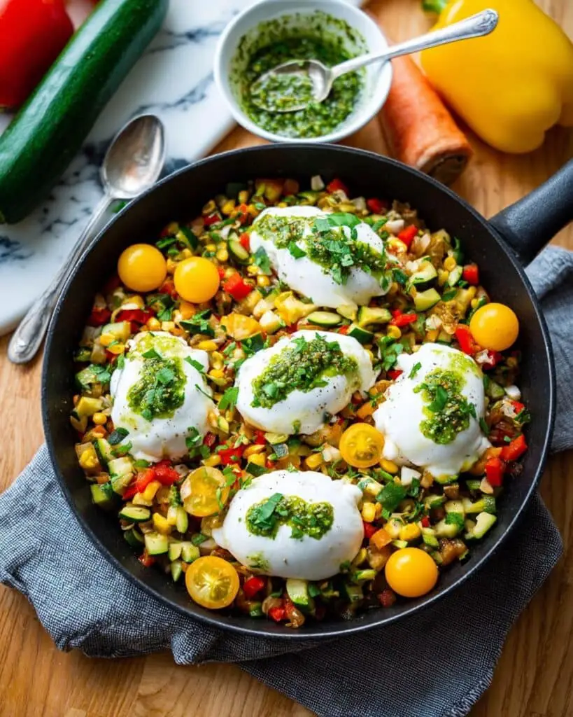 Breakfast Succotash with Poached Eggs and Herb Oil Recipe