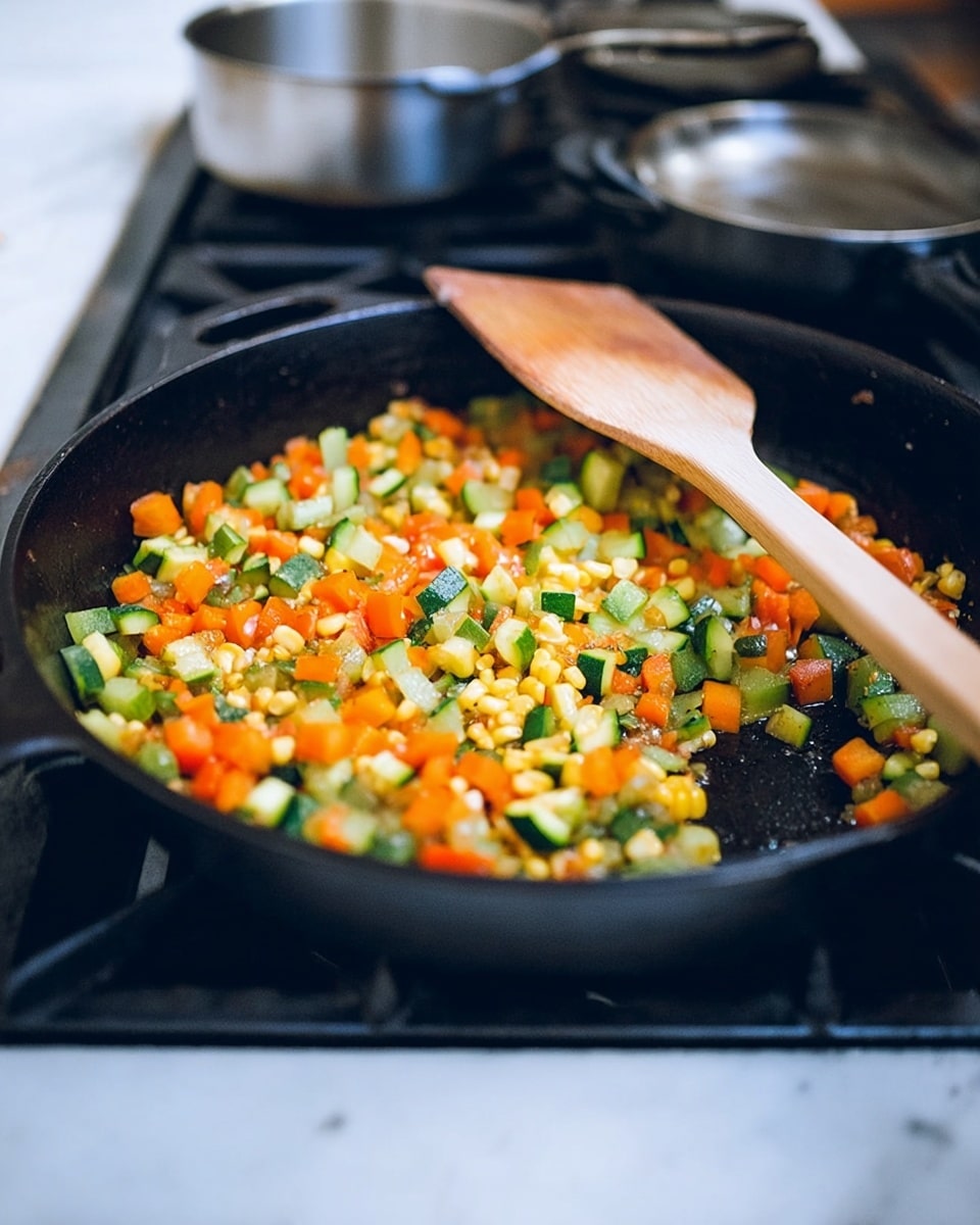 A black cast iron pan sits on a stove with colorful chopped vegetables being cooked inside, including green zucchini pieces, orange carrot chunks, and yellow corn kernels mixed together in a single layer. A light wooden spatula rests across the top of the pan. The scene is set against a white marbled background, with a stainless steel pot and a frying pan visible in the blurry background. The image is bright and clear, focused on the pan and vegetables. photo taken with an iphone --ar 4:5 --v 7