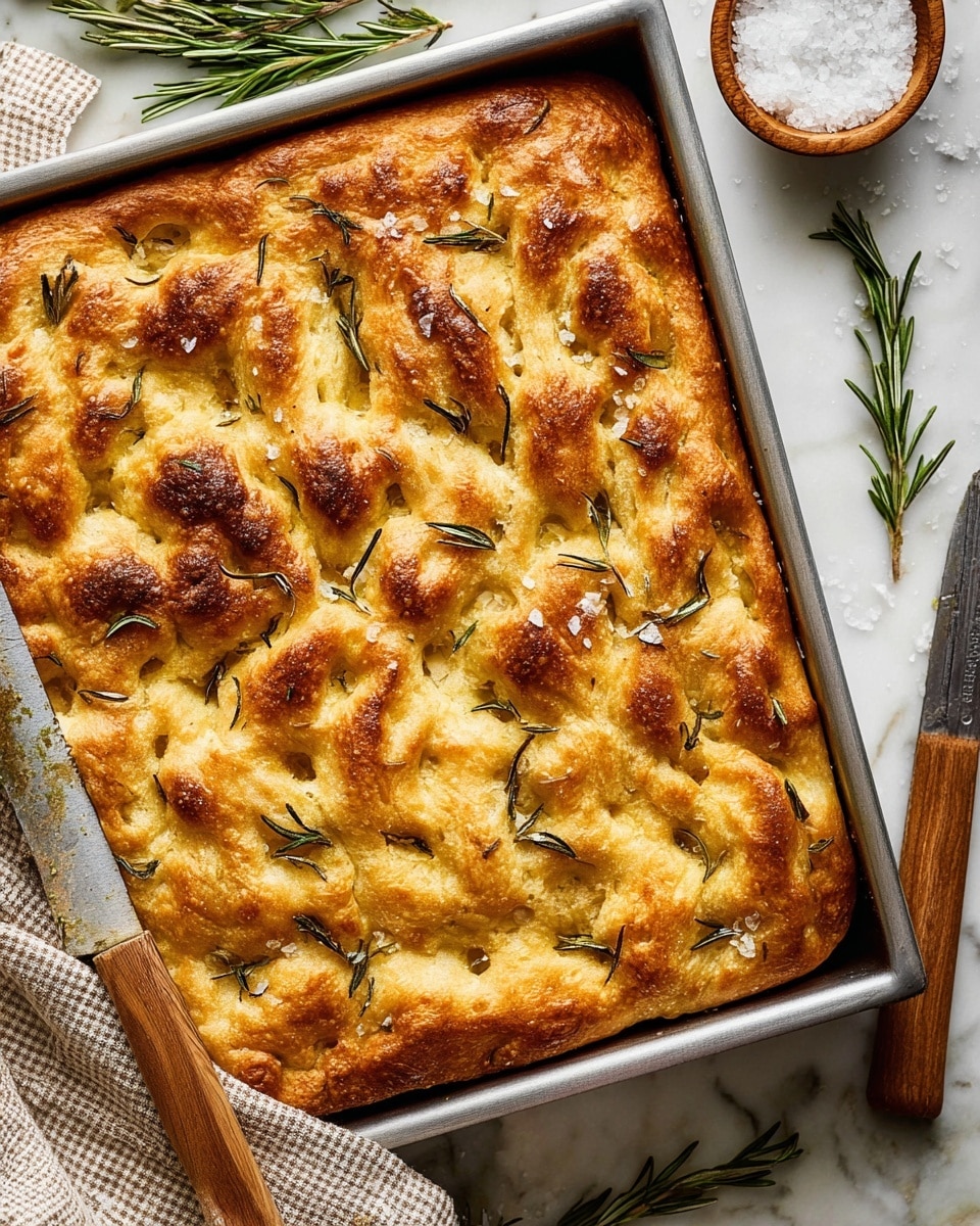 A close-up top view of a golden brown focaccia bread in a silver rectangular pan, showing a thick, unevenly textured crust with scattered fresh rosemary sprigs and coarse salt on top; the bread rises in soft, puffy layers with some darker toasted spots. It is placed on a white marbled surface with a wooden knife to the side, some rosemary sprigs scattered around, a small wooden bowl filled with salt, and a beige cloth with a checkered pattern partially visible. photo taken with an iphone --ar 4:5 --v 7