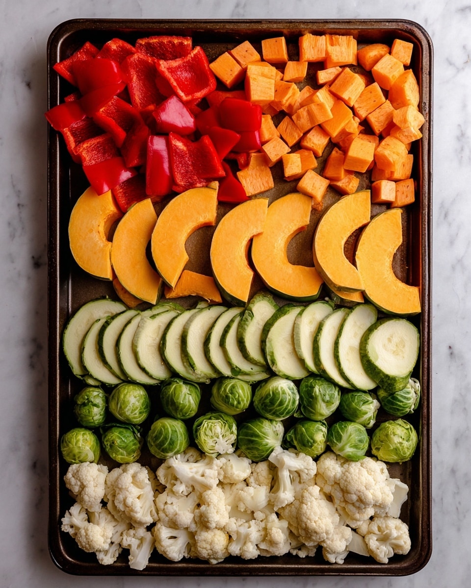 A baking tray holds five layers of chopped vegetables arranged from top to bottom: bright red bell pepper pieces, medium-sized orange sweet potato chunks, four light orange slices of acorn squash with green edges, a line of green Brussels sprouts, and round green zucchini slices above a layer of white cauliflower florets. The tray is on a white marbled surface. photo taken with an iphone --ar 4:5 --v 7