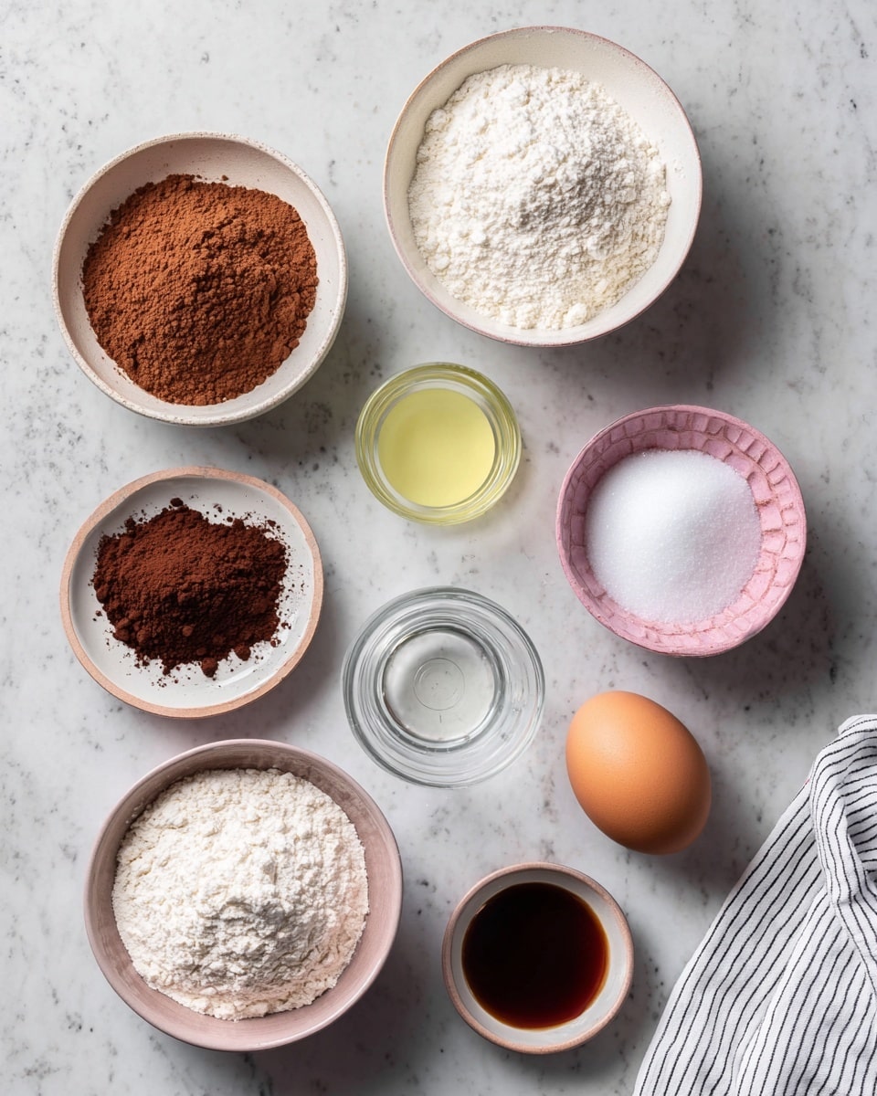 A top view of several small white dishes arranged on a white marbled surface, each holding different ingredients. There is a medium white bowl with light brown cocoa powder on the left side and a medium white bowl filled with white flour near the bottom center. A small white bowl with a dark brown powder is placed below the cocoa powder. A pink-edged white cup contains a whole brown egg on the right side. A medium white bowl holds white granular sugar near the top right. In the center is a small glass cup with a white liquid, and above it, a small clear glass cup contains a light yellow liquid. At the bottom center, a small glass cup has a dark brown liquid. There are two small pink-edged white bowls each holding a small amount of white powder and salt near the bottom left and right sides. A folded white cloth with black stripes is partly visible on the right edge. photo taken with an iphone --ar 4:5 --v 7