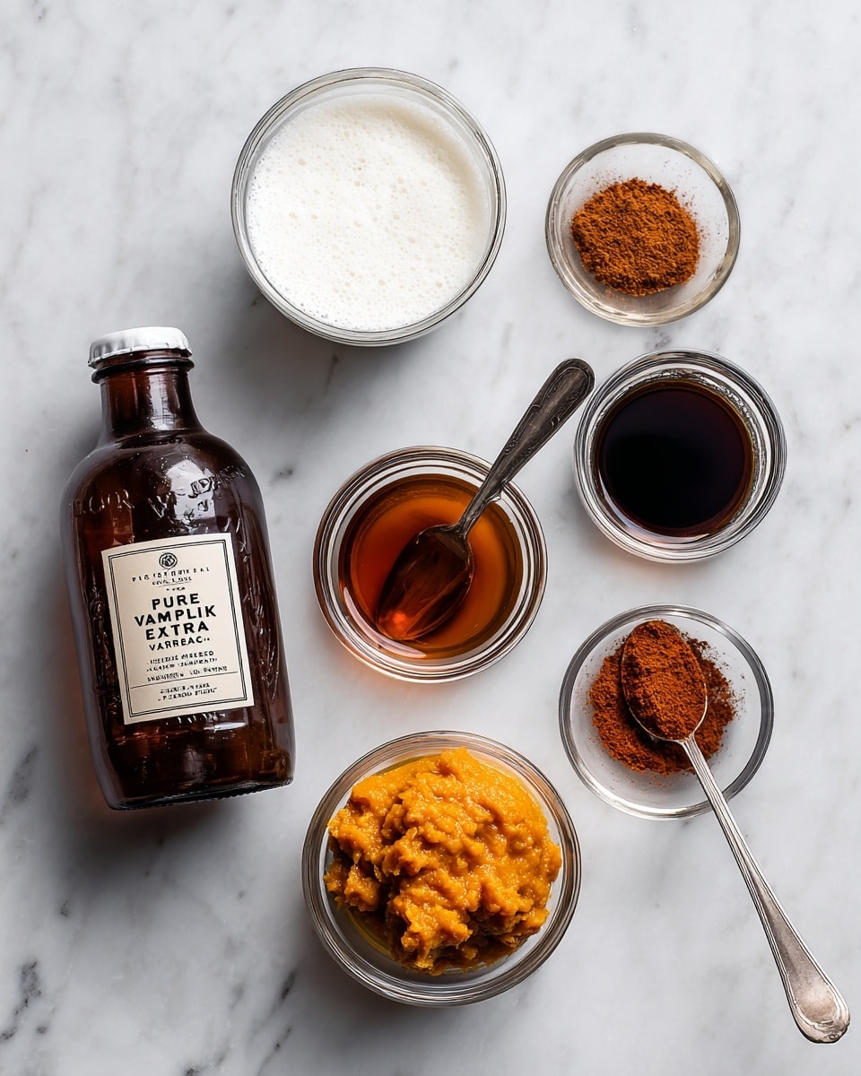The image shows six ingredients arranged carefully on a white marbled surface. There are five small clear glass bowls: one filled with frothy white milk, one with dark brown espresso, one with amber maple syrup, and one with bright orange pumpkin purée that has a soft, slightly chunky texture. A small metal spoon holds a mound of reddish-brown pumpkin pie spice, positioned near the bowls. On the left side, a large brown glass bottle labeled