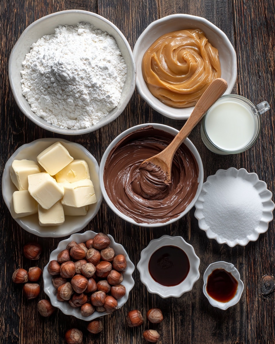 Several white bowls and a small glass are arranged from top to bottom on a dark wooden surface. At the top left, a large white bowl is filled with white flour with a soft texture. To its right, a medium white bowl holds smooth, golden caramel dulce de leche. Below the flour, a small white scalloped bowl contains a fine white powder of baking powder and salt. Next to it, a medium white bowl with cubed pale yellow butter rests on the left. At the center, a medium white bowl contains thick, glossy chocolate Nutella with a wooden spoon resting inside, smeared with some Nutella. To the right side, a tiny white scalloped bowl holds dark brown vanilla liquid. Below the butter, a clear glass is filled with white milk. In the middle bottom area, a medium white bowl is full of round, brown hazelnuts with some texture on their shells. At the bottom right corner, a small white scalloped bowl contains fine off-white cane sugar. The background shows a dark wooden texture. photo taken with an iphone --ar 4:5 --v 7