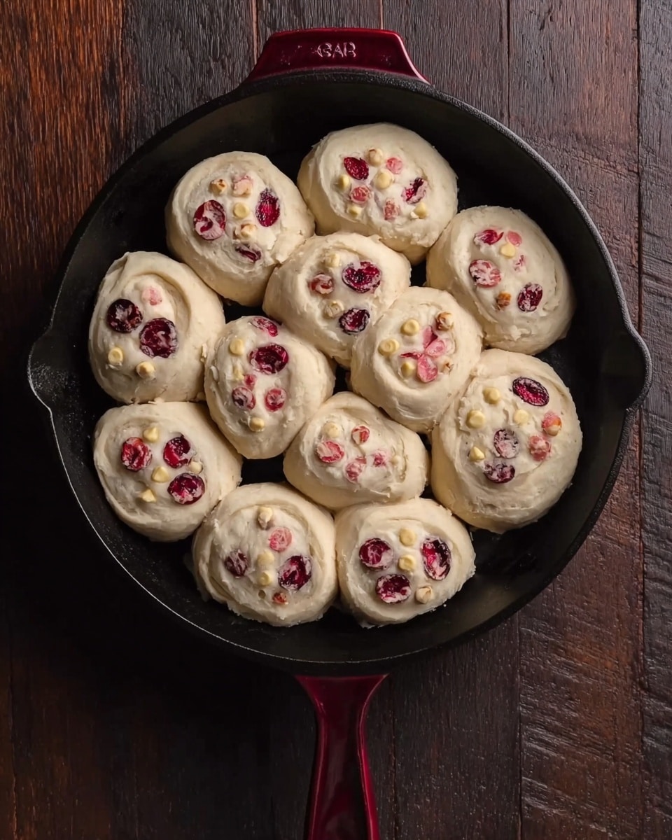 The image shows a cast iron pan filled with eleven round dough pieces. Each piece has a rough, soft texture and is pale beige in color. Mixed in the dough are slices of red and pink berries and some light yellow chips, scattered across the tops and inside the dough. The pan is placed on a dark brown wooden surface, but imagine this on a white marbled surface. The handle of the pan is a deep burgundy color, and the pan itself is black inside. steam is faintly visible rising from the warm dough pieces. photo taken with an iphone --ar 4:5 --v 7