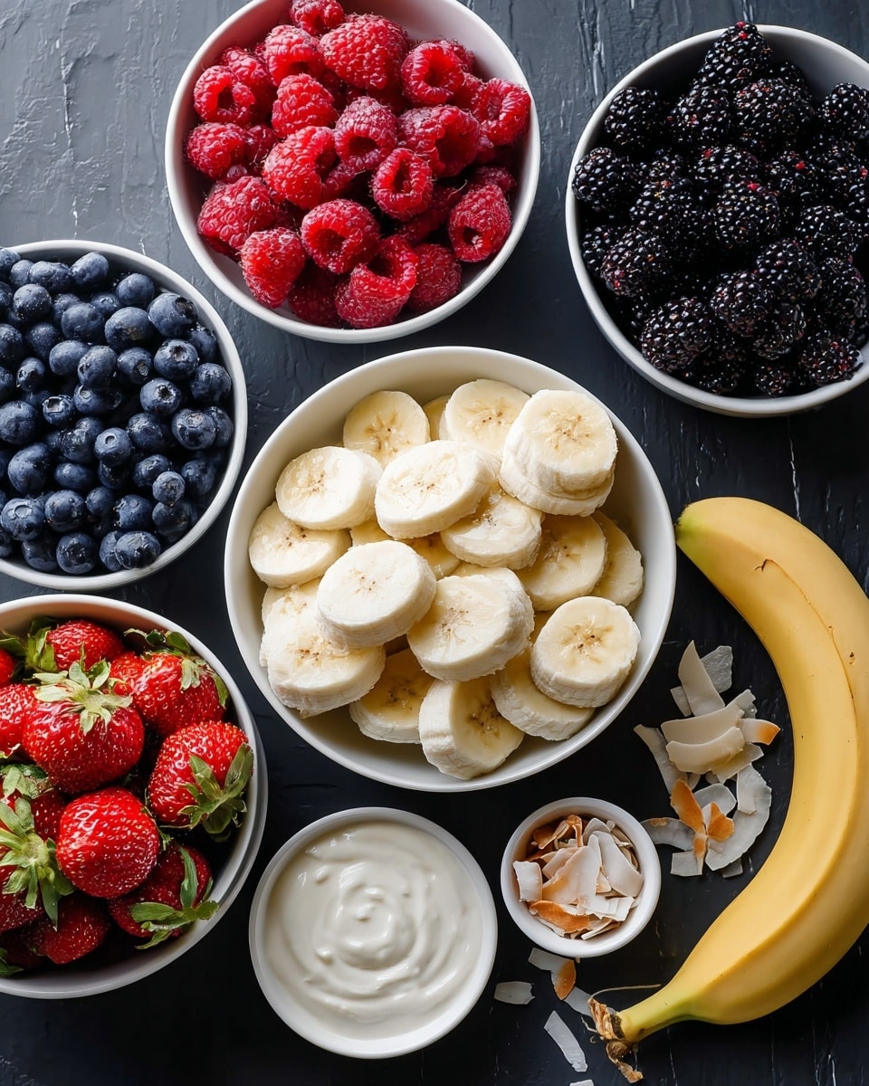The image shows several bowls and plates of fresh fruit and yogurt arranged on a dark surface. In the center, there is a bowl filled with many slices of banana, light yellow with white edges, stacked in a small mound. Above it to the right is a white bowl filled halfway with dark blackberries, with a shiny, bumpy texture. To the left of that is another white bowl divided evenly with red raspberries on the left side and dark blue blueberries on the right side, both round and plump. Below the banana bowl to the left is a white bowl full of bright red strawberries with green leaves still attached, some overlapping each other. Nearby, there are small white dishes with creamy white yogurt and tiny red seeds. On the bottom right, some light brown toasted coconut slices are scattered next to a peeled banana that is bright yellow, resting on the corner. The whole setup is on a dark surface with a simple, clean look. photo taken with an iphone --ar 4:5 --v 7