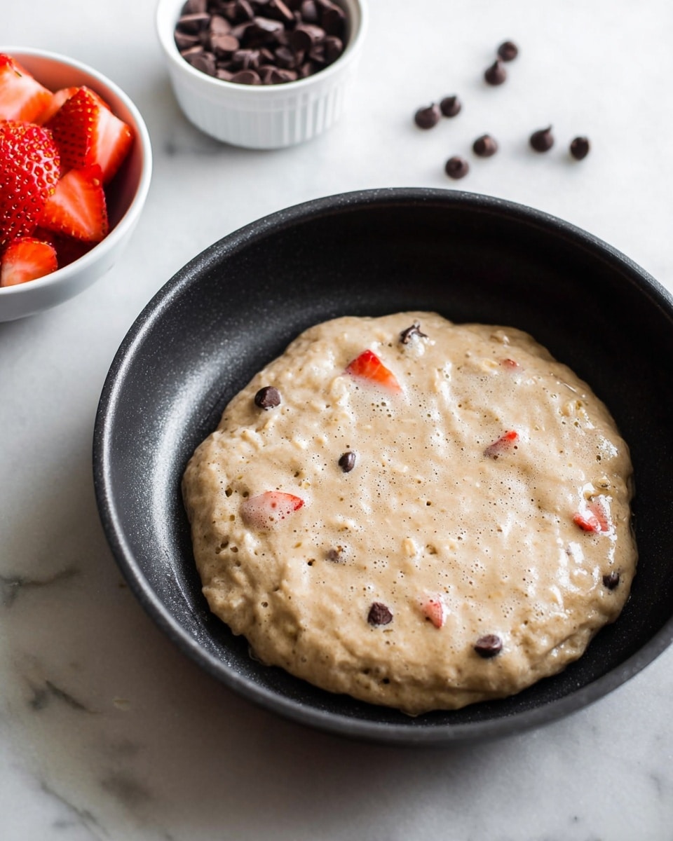 The image shows a thick pancake batter cooking in a black non-stick pan, with visible pieces of strawberries and chocolate chips inside the batter. The pancake layer is light brown with a bubbly texture on the surface. In the background on a white marbled surface, there are two small white bowls, one filled with sliced red strawberries and the other with dark chocolate chips, with a few chocolate chips scattered around. The scene is bright and clear, showing a cooking moment with simple ingredients. photo taken with an iphone --ar 4:5 --v 7