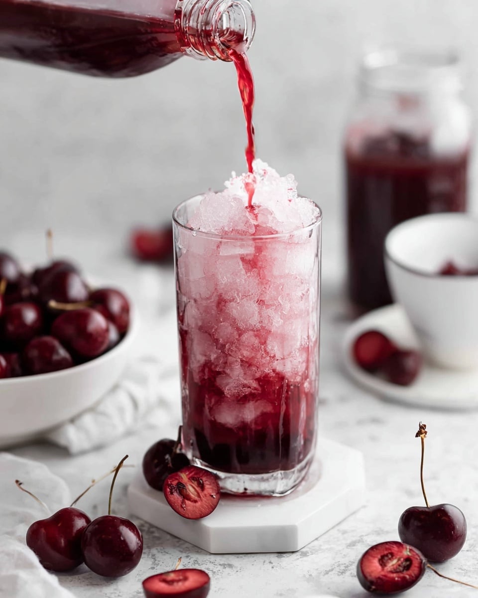 A tall clear glass filled with crushed ice stacked up inside, over which deep red cherry juice is being poured from a glass bottle above. The ice is light and translucent pink with some red cherry juice mixing unevenly around it. The glass sits on a small white hexagon-shaped marble coaster on top of a white round plate with a simple circular design. Around the plate on a white marbled surface, there are fresh whole cherries and halved cherries showing the brown pits inside. In the background, a blurred white bowl full of dark red cherries and a white cup are visible, along with a small glass jar of dark cherry juice. Photo taken with an iphone --ar 4:5 --v 7