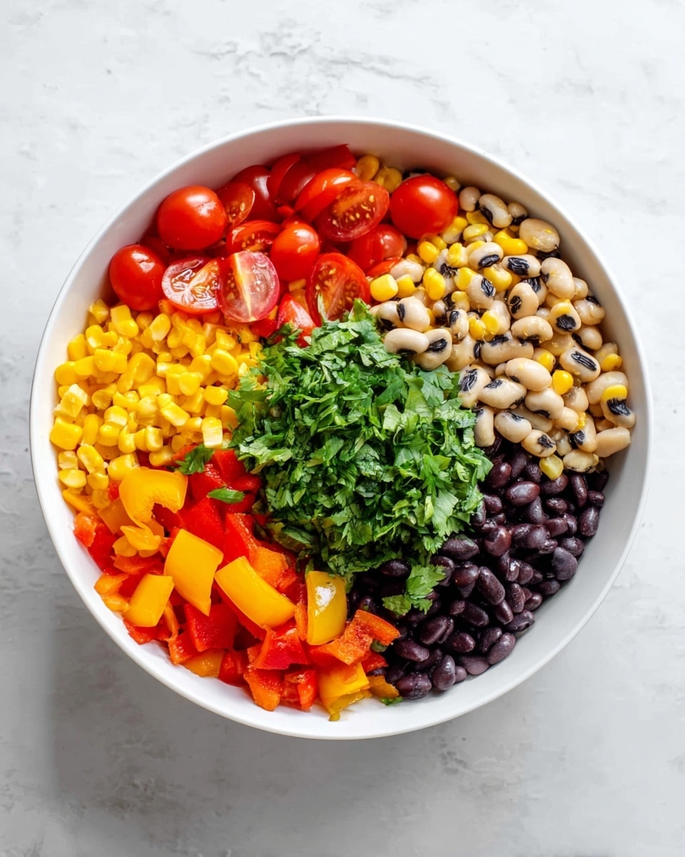 A white bowl is filled with six distinct layers of fresh ingredients on a white marbled surface. Starting from the top left, bright red cherry tomato halves form the first layer, followed by a layer of black-eyed peas in beige with black spots to the top right. Below the tomatoes, there is a bright yellow corn layer, and to the bottom right, a pile of yellow diced bell peppers. Near the bottom left, shiny black beans form another layer, and finally, fresh green chopped cilantro sits in the center overlapping slightly with the surrounding layers of diced red bell pepper around the bottom middle part. The colors are vibrant and the textures show freshness, with each ingredient neatly separated. Photo taken with an iphone --ar 4:5 --v 7