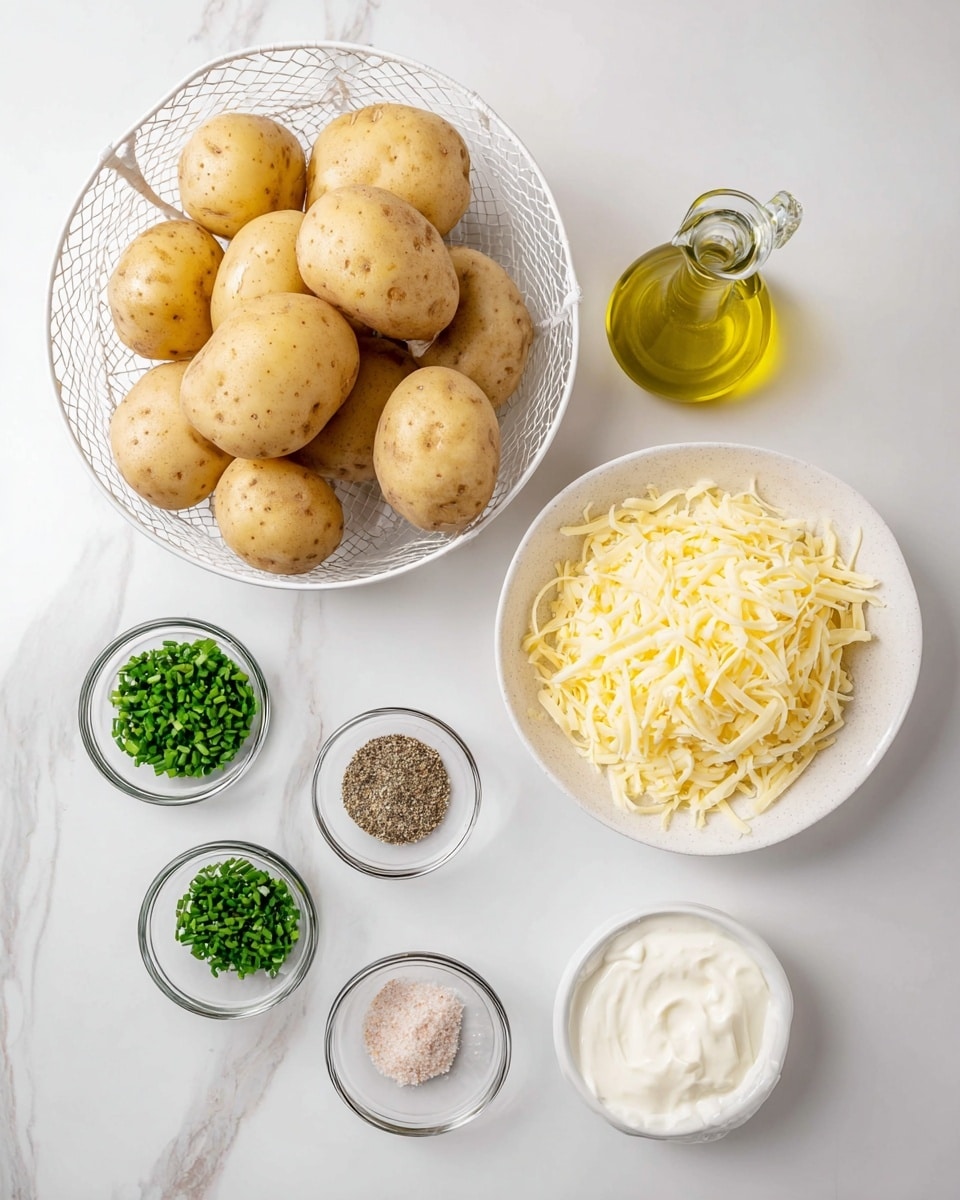 The image shows several ingredients arranged neatly on a white marbled surface. On the left, there is a white basket holding about a dozen light brown potatoes with a smooth texture. To the top right of the potatoes, there is a clear glass bottle filled with pale yellow olive oil. Next to it, a white bowl is filled with pale yellow shredded cheese. Below and around the bowl, there are five small clear glass bowls containing different ingredients: finely chopped green chives, coarse black pepper, light pink salt, finely grated light beige powder, and a dollop of thick white sour cream in a small white container. The setup is clean and bright with natural light. Photo taken with an iphone --ar 4:5 --v 7