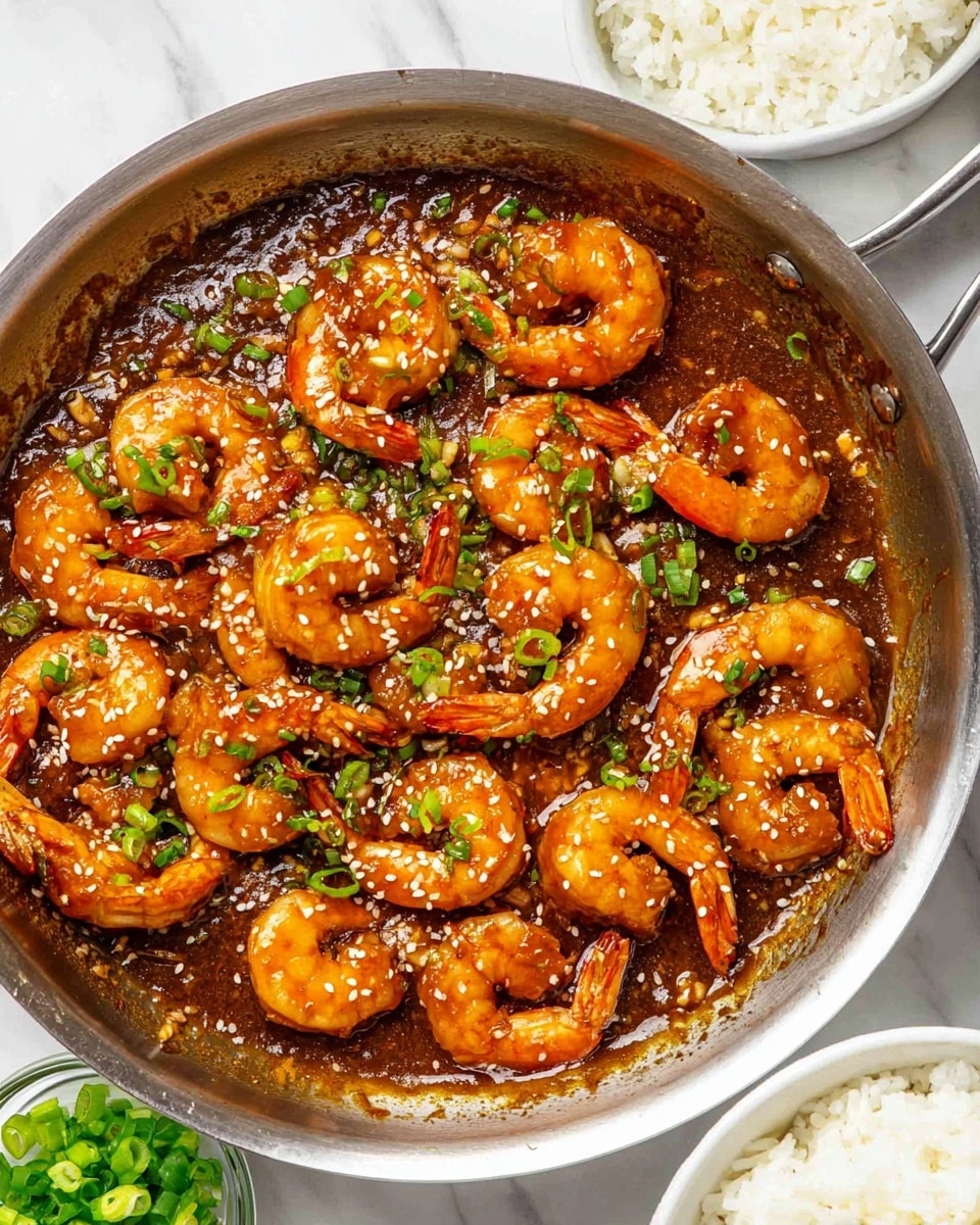 A close view of a silver pan filled with about twenty bright orange shrimp coated in a thick shiny brown sauce, sprinkled with small white sesame seeds and chopped green onion pieces scattered on top and inside the sauce; the pan rests on a white marbled surface with a small white bowl of chopped green onion near the top left and a white bowl filled with plain white rice at the bottom right, with a few green onion pieces scattered around the surface photo taken with an iphone --ar 4:5 --v 7
