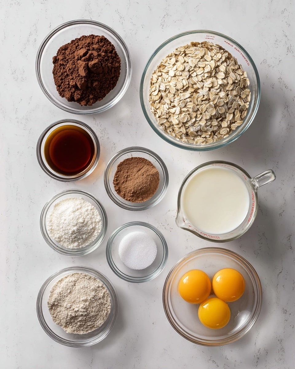 Nine clear glass bowls and one clear glass measuring cup are neatly arranged on a white marbled surface. The largest bowl at the top right is filled with light beige rolled oats. To its left is a medium bowl with dark brown cocoa powder. Below these, from left to right, are smaller bowls: a dark brown liquid, an amber syrup, a white powder, a clear liquid, a light brown powder, and a small bowl of salt. The measuring cup on the right holds white milk, and next to it at the bottom right is a bowl with three raw eggs showing bright yellow yolks surrounded by transparent whites. The arrangement is evenly spaced and visually balanced. photo taken with an iphone --ar 4:5 --v 7