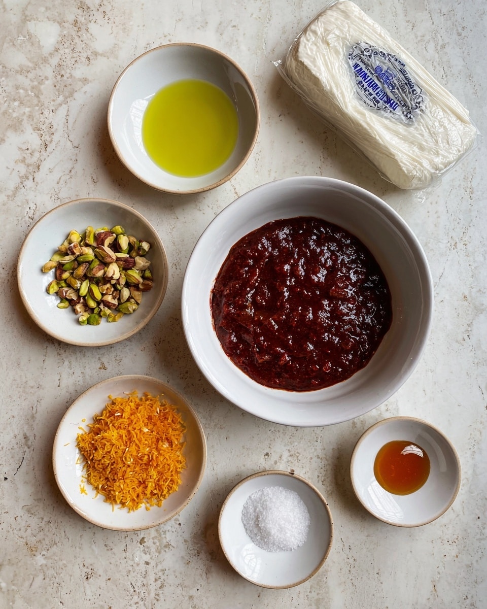 A top view of ingredients arranged on a white marbled surface showing a white bowl in the center filled with a thick, dark red sauce. Surrounding it are six small round white dishes: one with light green olive oil, one with chopped greenish-brown nuts, one with bright orange zest, one with amber-colored honey, and one with white salt. A package of classic goat cheese wrapped in white plastic with blue accents is placed above the bowl. Photo taken with an iphone --ar 4:5 --v 7