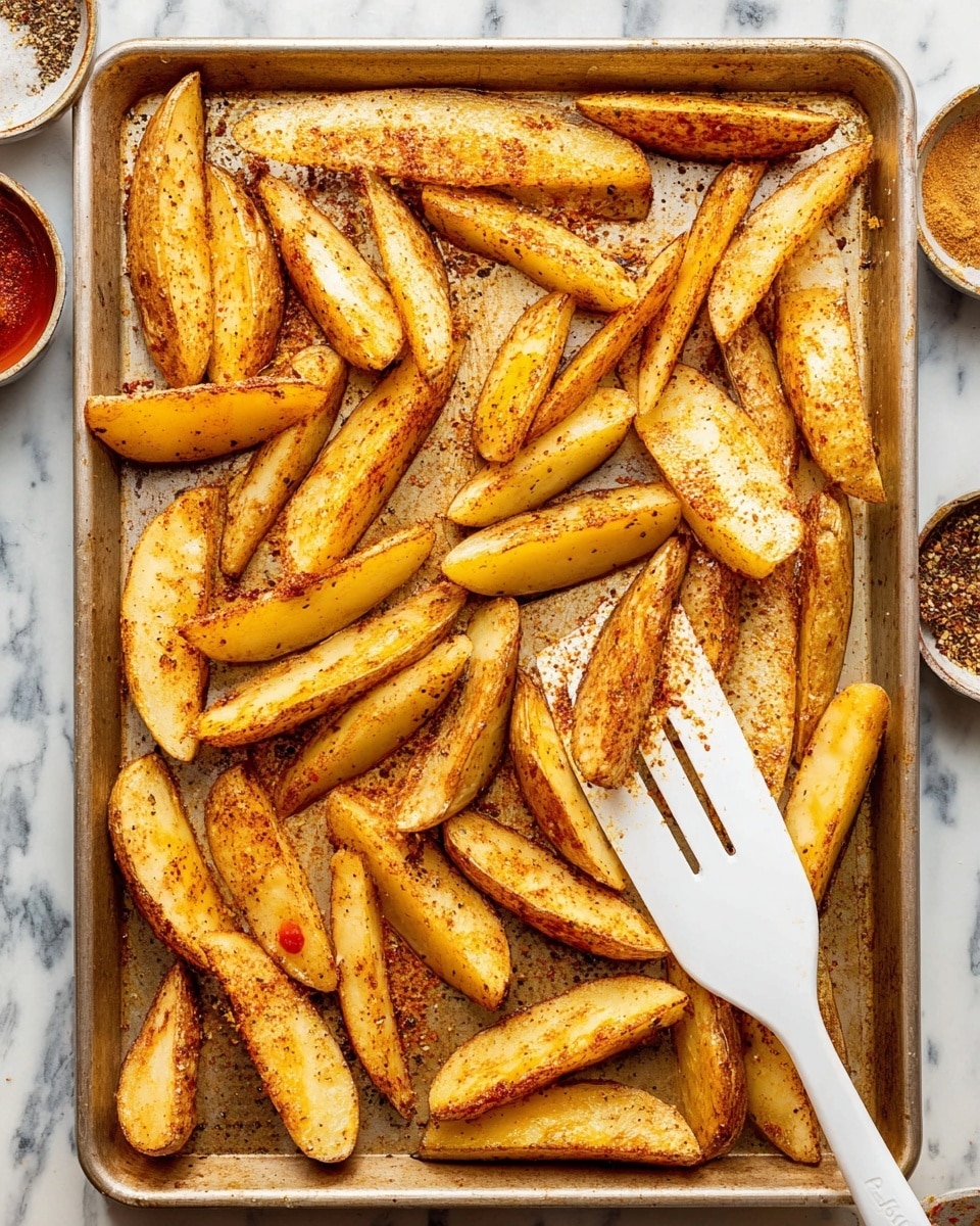 The image shows a baking sheet filled with large potato wedges in a single layer, each wedge coated with a mix of spices and oil that gives them a golden brown color with some darker brown specks scattered across the surface. The wedges have a slightly rough texture from the seasoning and an outer skin that is light to medium brown, contrasting with the pale yellow inside of the potatoes. A white spatula is placed on the right side of the baking sheet, partly resting on the potato wedges. The background is a white marbled surface with small bowls containing spices visible around the baking sheet. Photo taken with an iphone --ar 4:5 --v 7