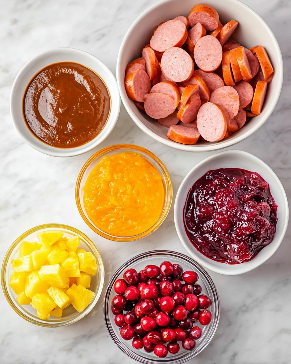 The image shows five small white bowls and two small clear glass bowls arranged on a white marbled surface. The top large white bowl is filled with sliced sausage pieces, showing pink interiors and orange-brown skins. Below it, two white bowls hold sauces: one orange and chunky on the left, and a smooth thick dark brown on the right. Beneath these, the clear glass bowls hold bright yellow pineapple chunks on the left and whole red cranberries on the right. Next to the cranberries, another white bowl contains a chunky deep red sauce with a glossy texture. photo taken with an iphone --ar 4:5 --v 7