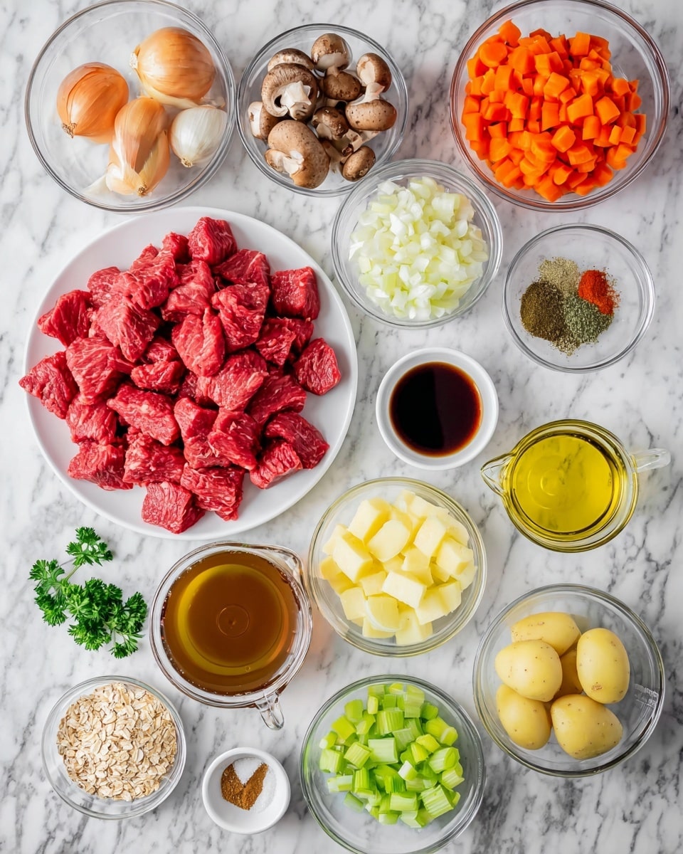 The image shows a variety of cooking ingredients arranged on a white marbled surface. In the center left, there is a white plate filled with bright red raw beef chunks. Around it, there are several clear glass bowls containing different ingredients: sliced orange carrots, chopped white onions, sliced brown mushrooms, chopped light green celery, and halved yellow baby potatoes. There is also a small white dish with minced garlic, a clear small bowl with dark liquid soy sauce, a glass measuring cup with brown broth, and a small bowl with golden-yellow oil. Additionally, a small white plate holds an assortment of green powder spice, red chili powder, fresh green parsley, and dried bay leaves. A round bowl contains rolled oats, and a tiny white dish holds salt and pepper. The setup is clean and organized. Photo taken with an iphone --ar 4:5 --v 7